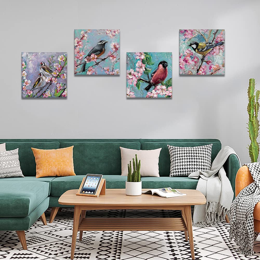 Otostar 4 Pieces Wall Art Canvas Prints - Oil Painting Flowers And Birds Picture Painting - Modern Wall Artwork Framed For Gifts