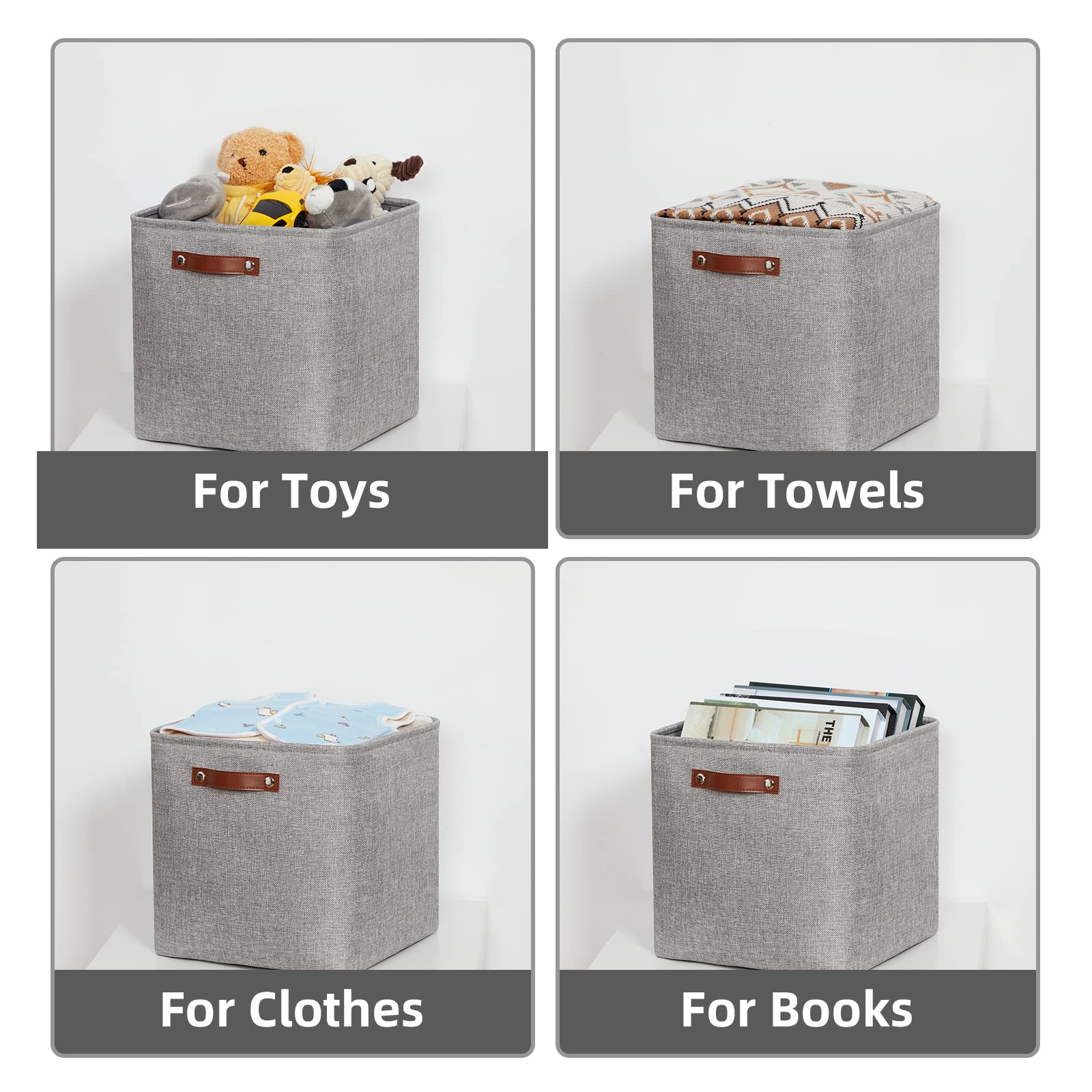 HNZIGE Fabric Storage Cubes Baskets Set of 4 Foldable Storage Basket with Handles for Organizing 13 x 13 Cube Storage Organizer Bins for Toys  Clothes(Gray)