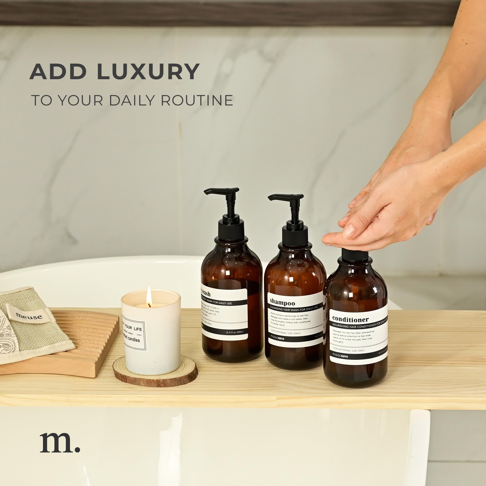 Maisonovo Refillable Shampoo And Conditioner Bottles | Set Of 3 Amber Plastic Bottles Black Pumps