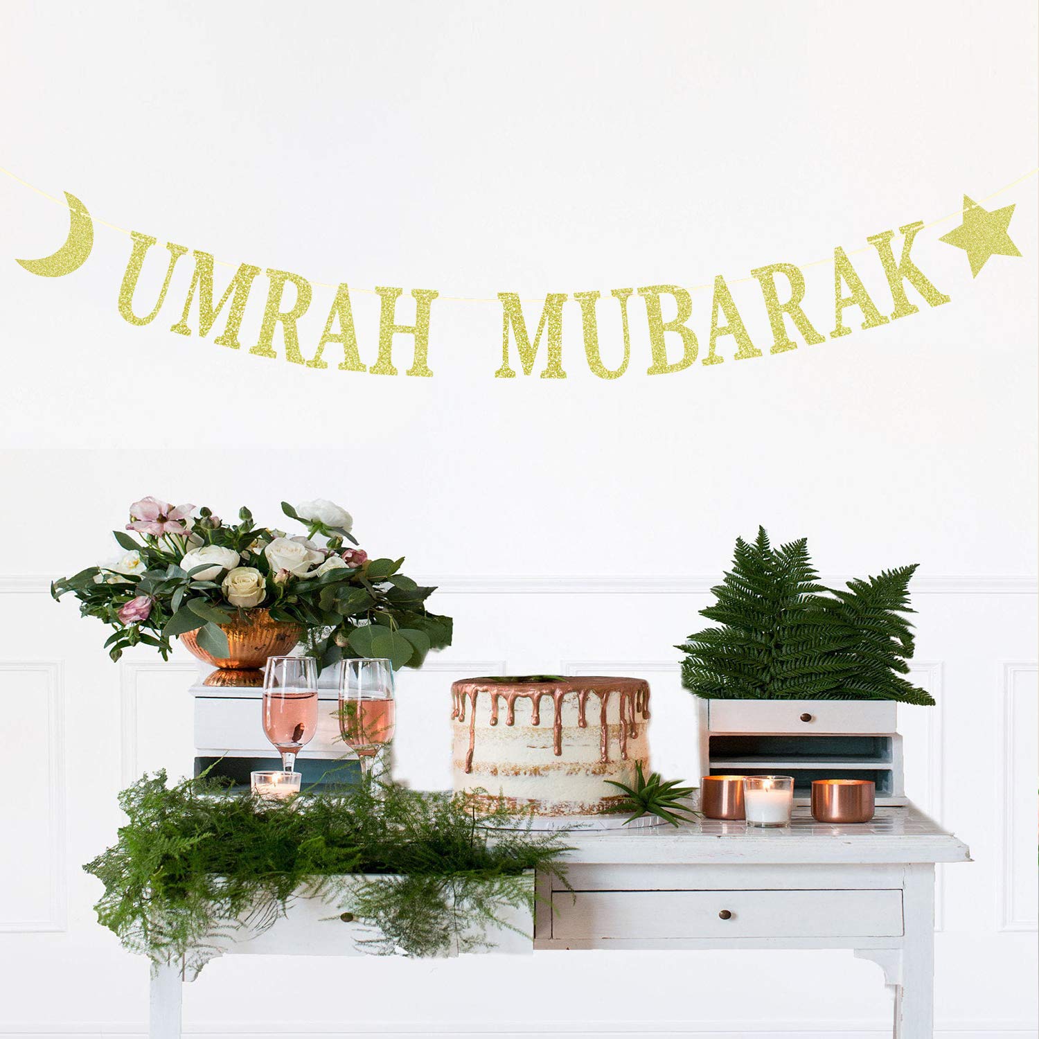 Gold Glitter Umrah Mubarak Banner - Eid Festival Muslim Islam Party Decorations - Hajj Mubarak Umrah Mubarak Islamic Party Decor