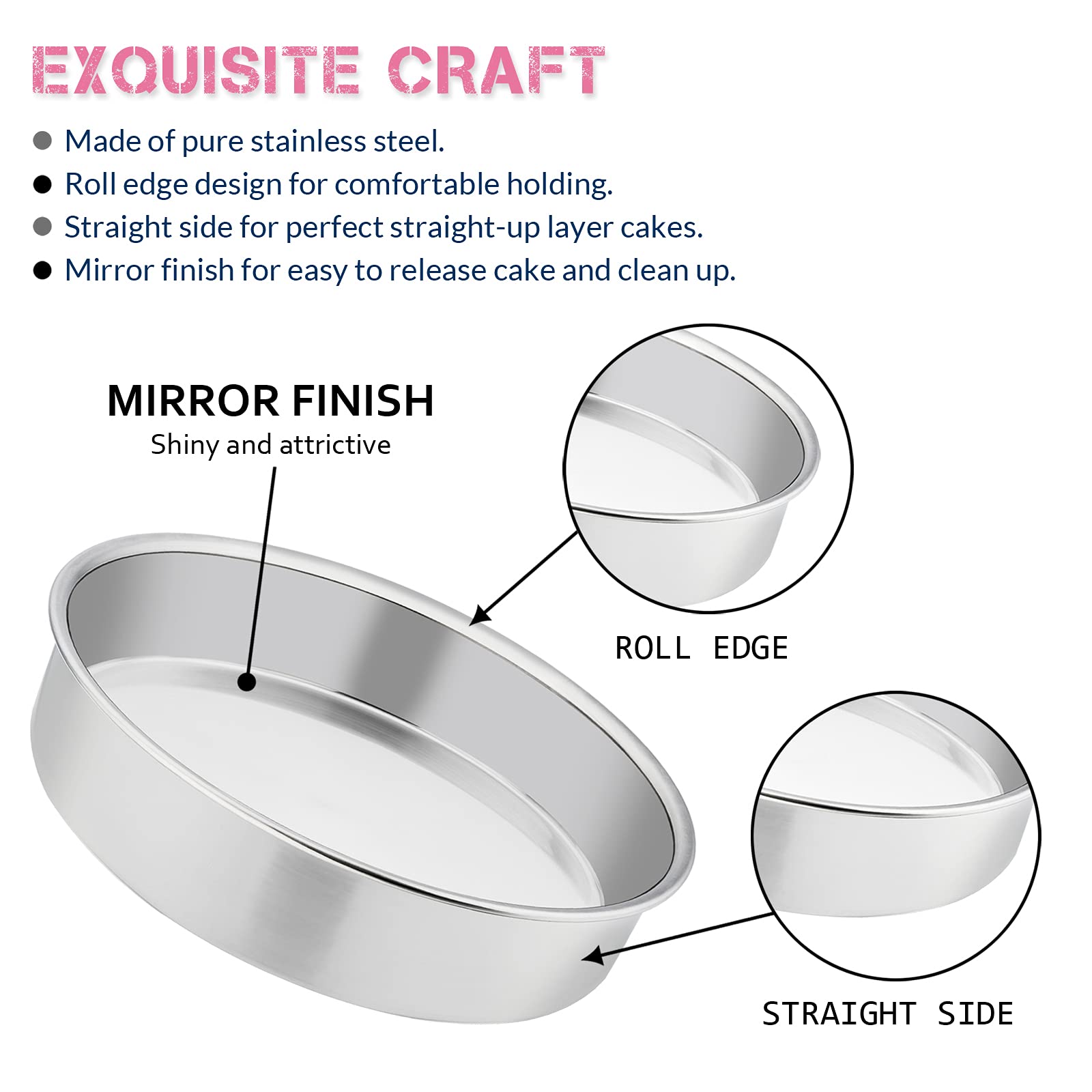 E-Far 8 Inch Cake Pan Set Of 3, Stainless Steel Round Layer Cake Baking Pans, Non-Toxic & Healthy, Mirror Finish & Dishwasher Sa