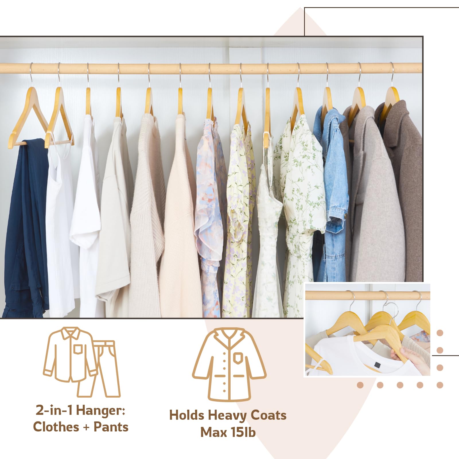 ELONG HOME Wooden Hangers  20 Pack Wood Hangers with Extra Smooth Finish  Precisely Cut Notches and Chrome Swivel Hook  Wooden Clothes Hangers for Shirt Suit Jacket Dress