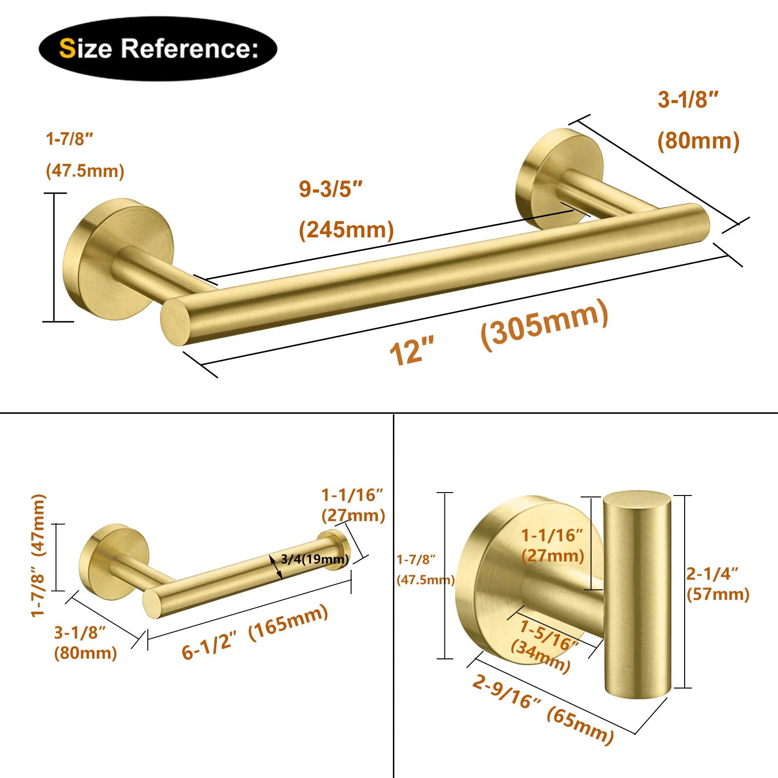 Nolimas 3-Pieces Brushed Gold Bathroom Hardware Set SUS304 Stainless Steel Round Wall Mounted Includes 12'' Hand Towel Bar Toilet Paper Holder Robe Towel Hooks Bathroom Accessories Kit
