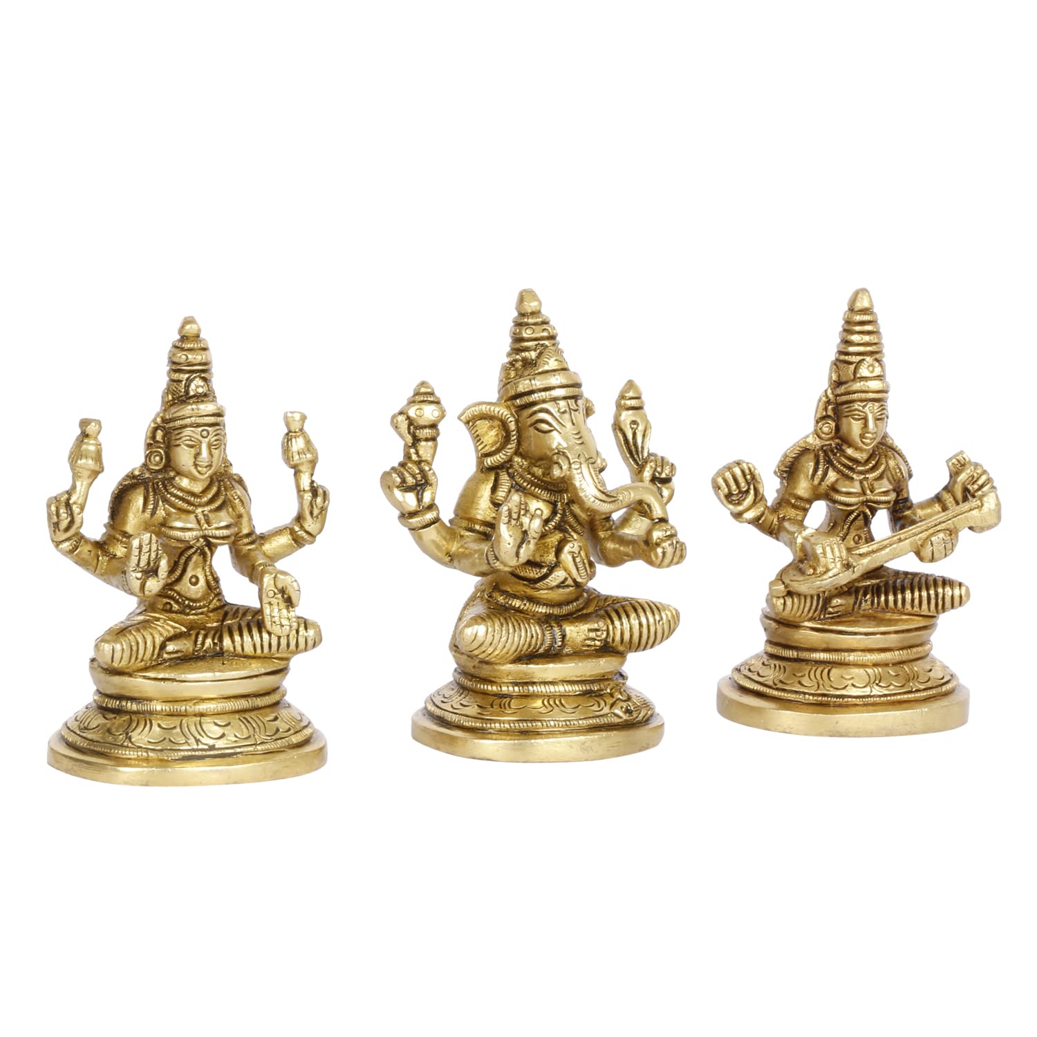 Kartique Brass Laxmi Ganesh Saraswati Idol For Home Puja Office Success Entrance Decor Pooja Good Luck Gift Gold Color 3.5 Inch