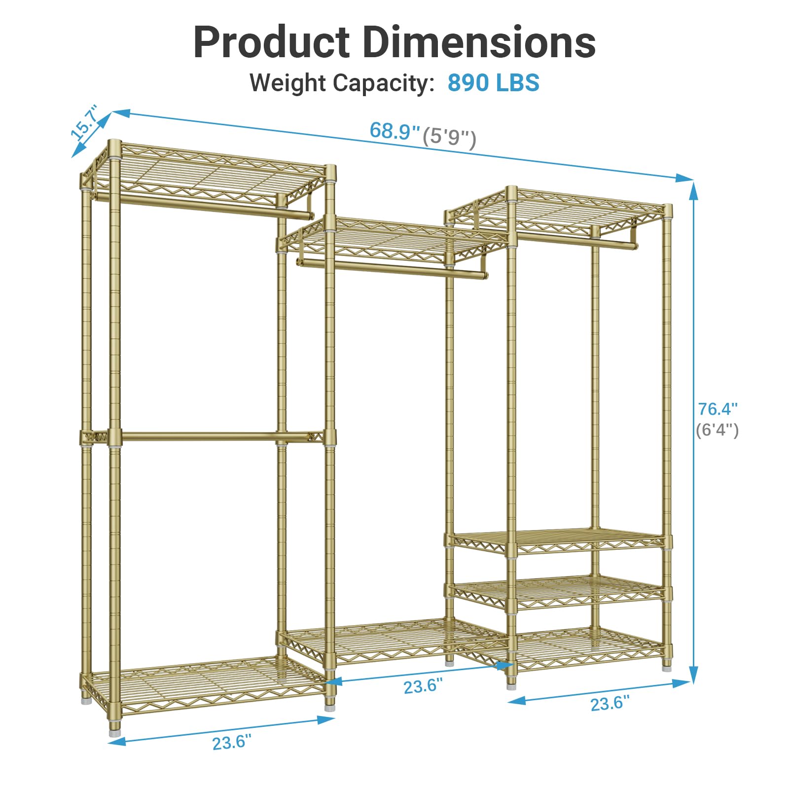 VIPEK V5 Portable Closet Wardrobe Heavy Duty Clothes Rack  Freestanding Metal Clothing Rack Custom Closet Rack with 8 Adjustable Shelves  68.9 '' L x 15.7 '' W x 76.4 '' H  Max Load 800LBS  Gold