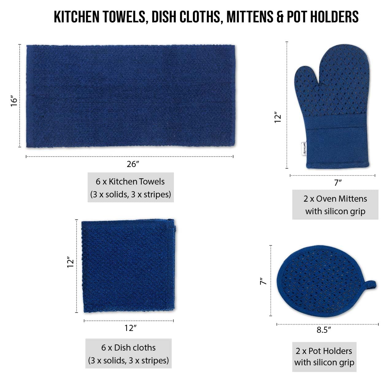 LANE LINEN Tea Towels - 16 Pc Set with Silicone Oven Mitts and Pot Holders, Cotton Kitchen Towels, Absorbent Dish and Hand Towel
