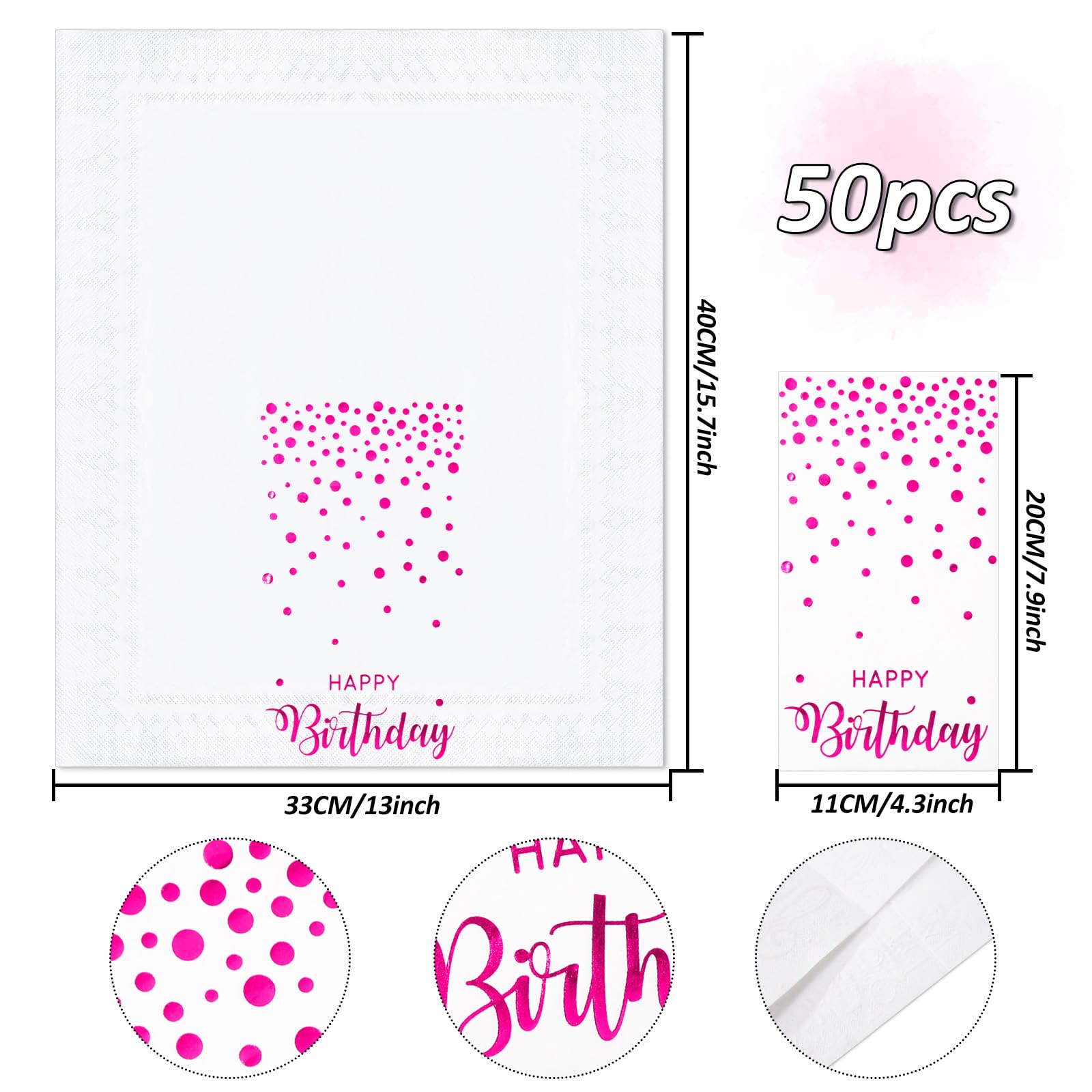 Jarthenaamcs 50Pcs Happy Birthday Guest Napkins Hot Pink Foil Dots Birthday Disposable Paper Napkins Dinner Hand Napkin For Vale