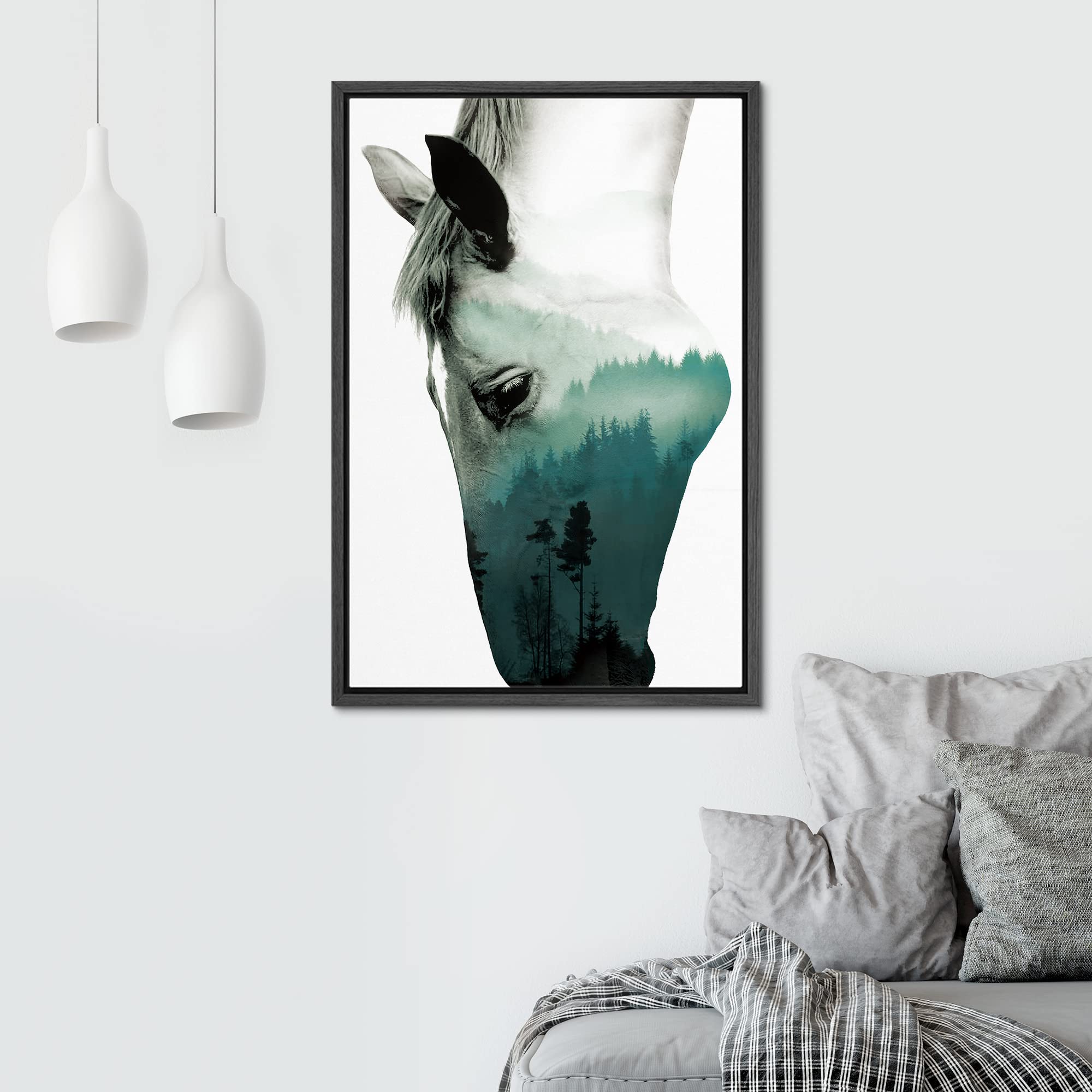 Signwin Framed Canvas Wall Art A Wild Horse And Foggy Mountain Double Exposure Photography Animals Wildlife Digital Art Modern A