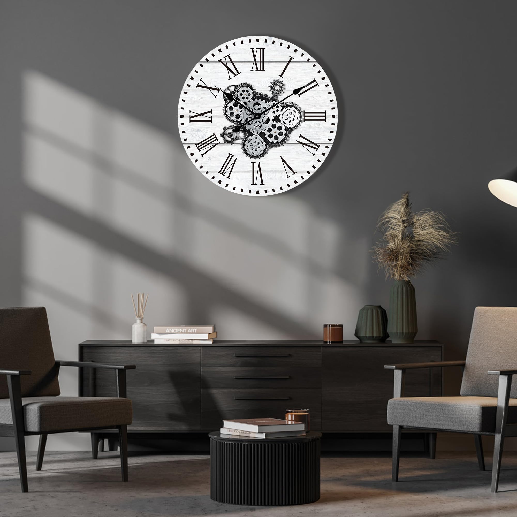 Lafocuse 23 Inch Roman Numeral Moving gears Wall clock Wooden Large Industrial Wall clock  White Oversize Farmhouse Vintage Wall clock for Living Room Decor Office