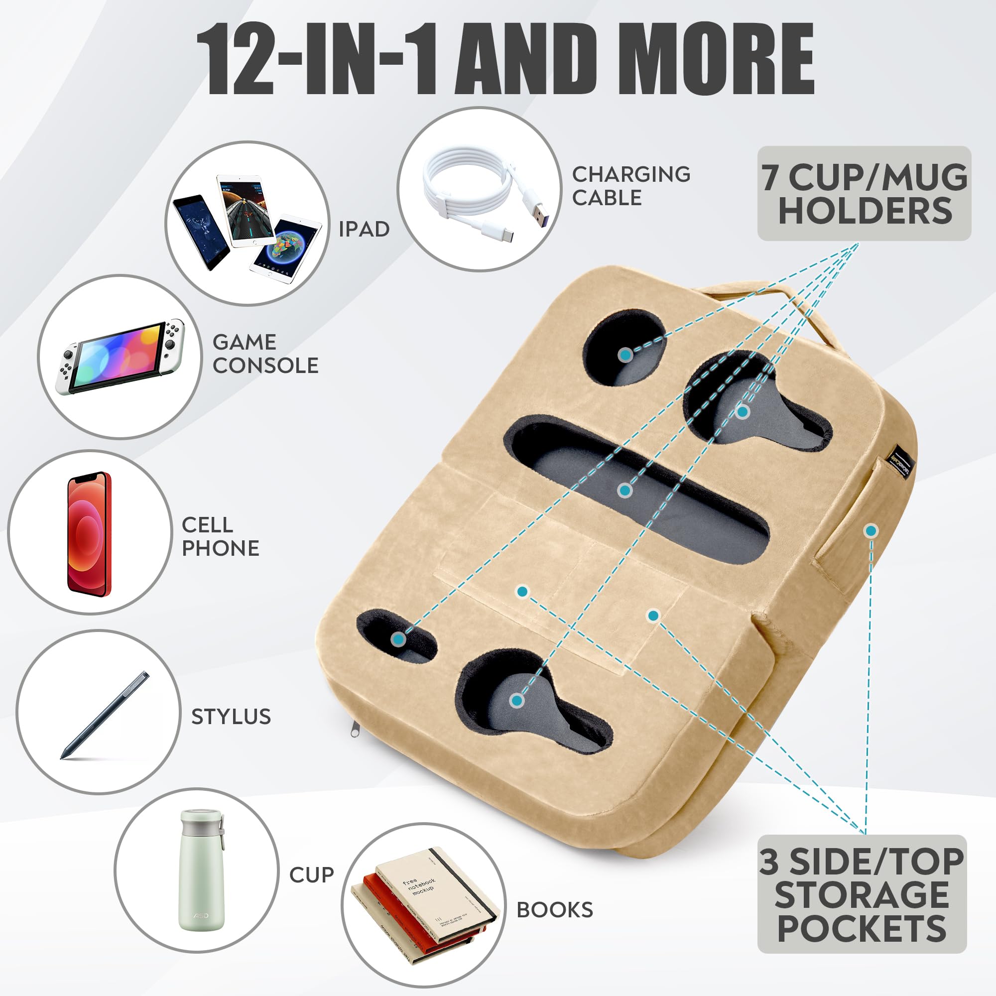 Tabcouchcaddy - Couch Cup Holder Tray Pillow - Bed, Couch Caddy, Sofa, Rv & Car - Holds Drinks, Snacks, Remotes, Phones, Kindle,