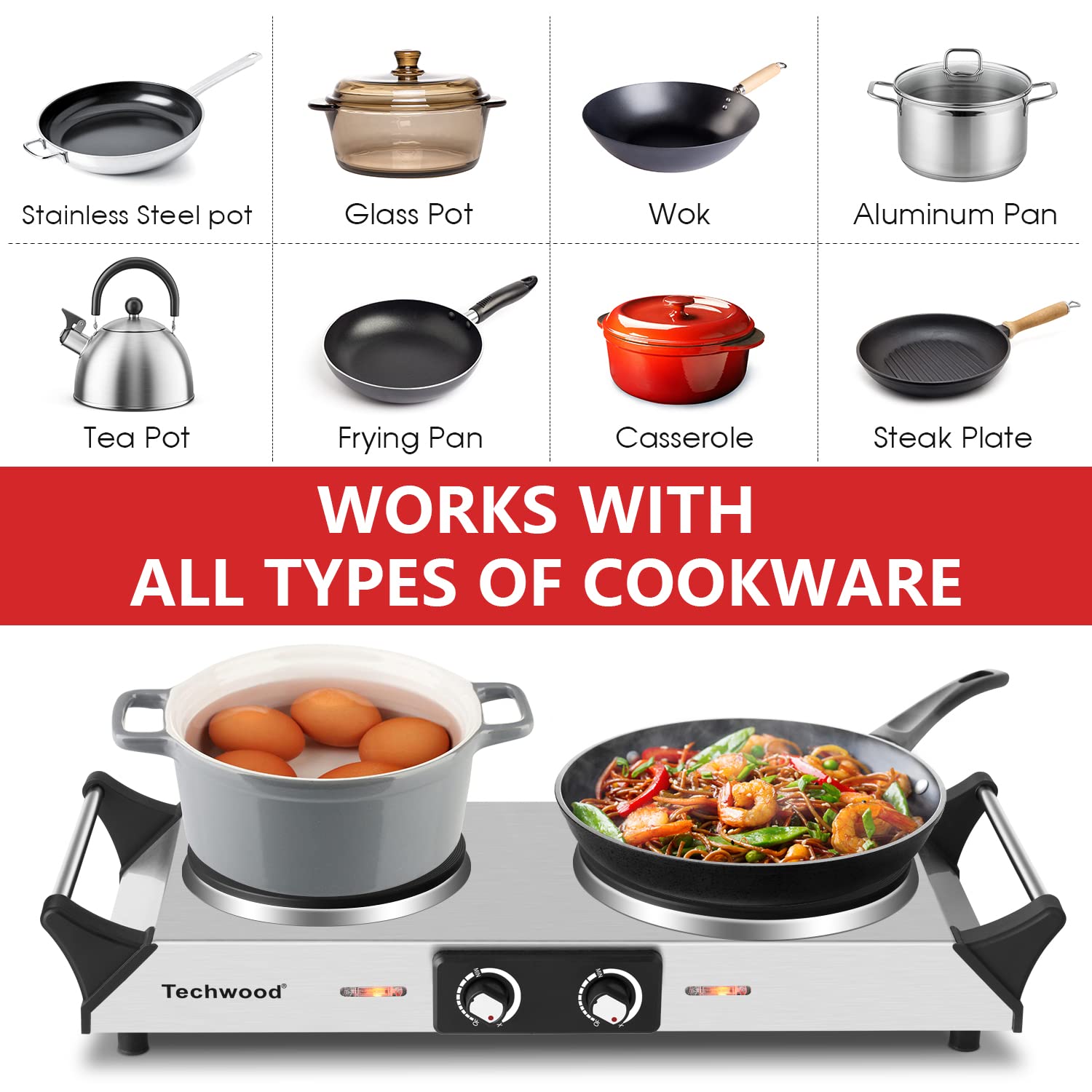 Hot Plate  Techwood Doubel Burner for Cooking  1800W Countertop Electric Stoves with Adjustable Temperature & Stay Cool Handles  Dual Cooktop for RV/Home/Camp  Upgraded Version Stainless Steel  Silver