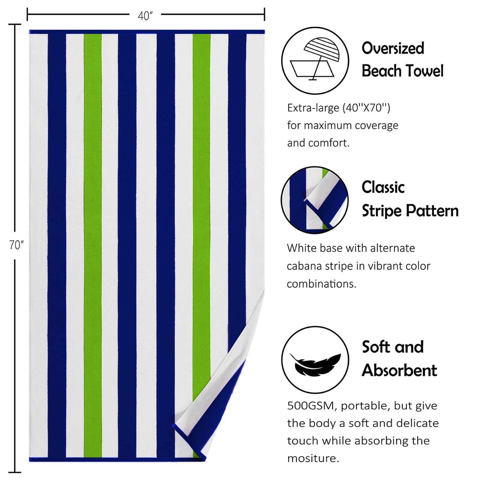 Bornbay Large Beach Towel Oversized - 40''X70'' Big Cute Beach Towel, Extra Large Thick Grassgreen Beach Towels, Xl Wide Fluffy