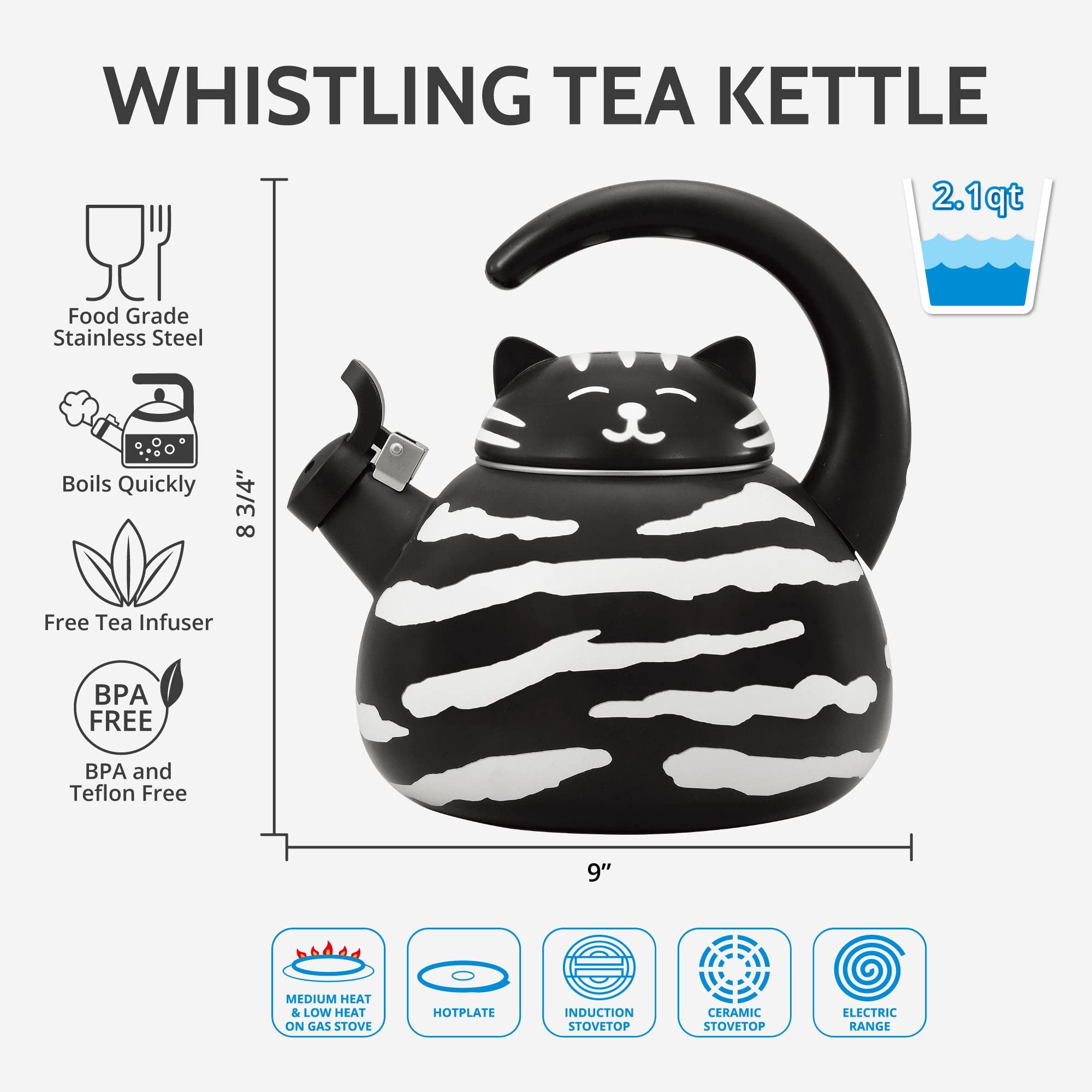 Whistling Tea Kettle For Stove Top Enamel On Steel Teakettle, Supreme Housewares Black Cat Design Teapot Water Kettle Cute Kitch