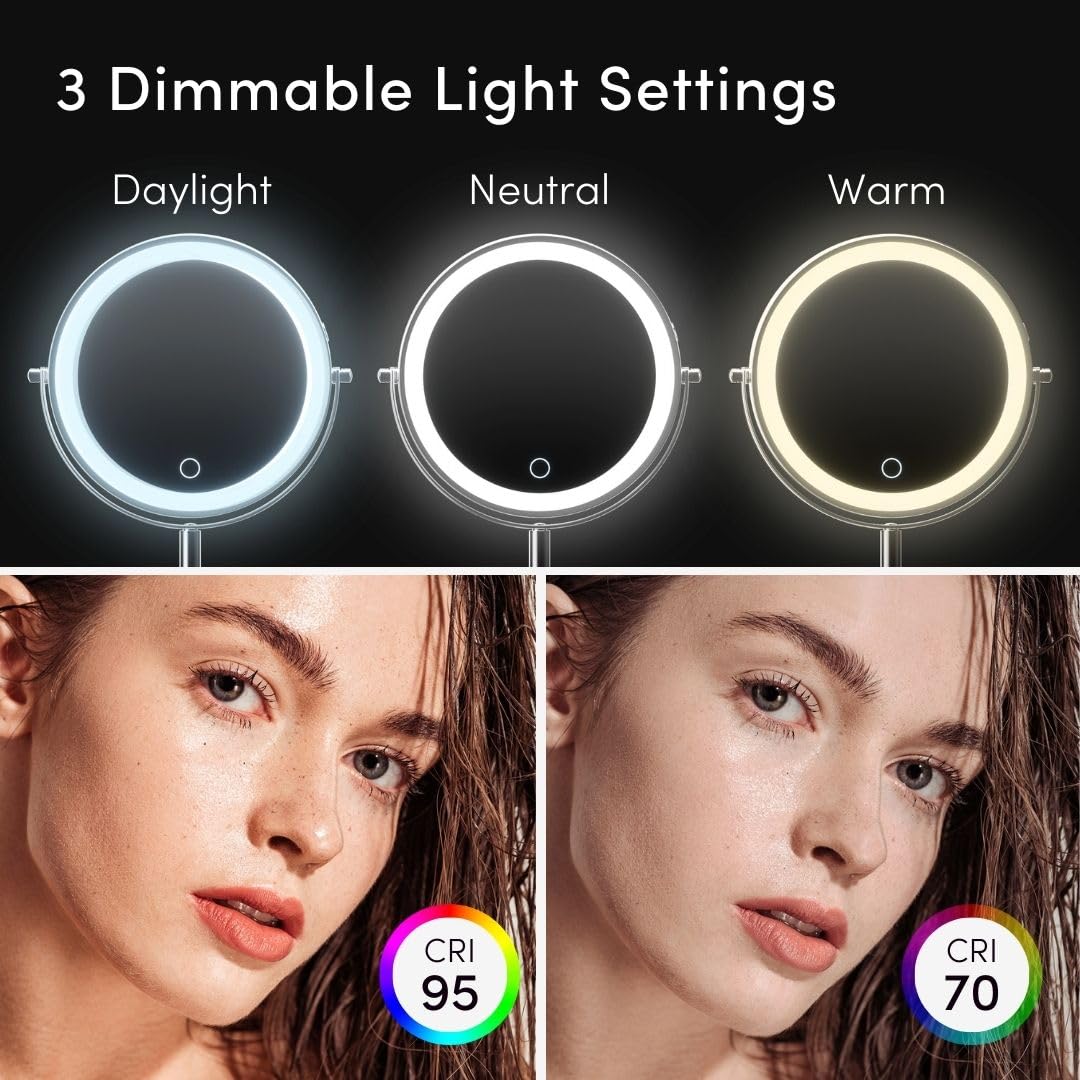 Fancii 9-Inch Lighted Makeup Mirror Height Adjustable with 10X /1X Magnification - Rechargeable, Double Sided LED Vanity Mirror
