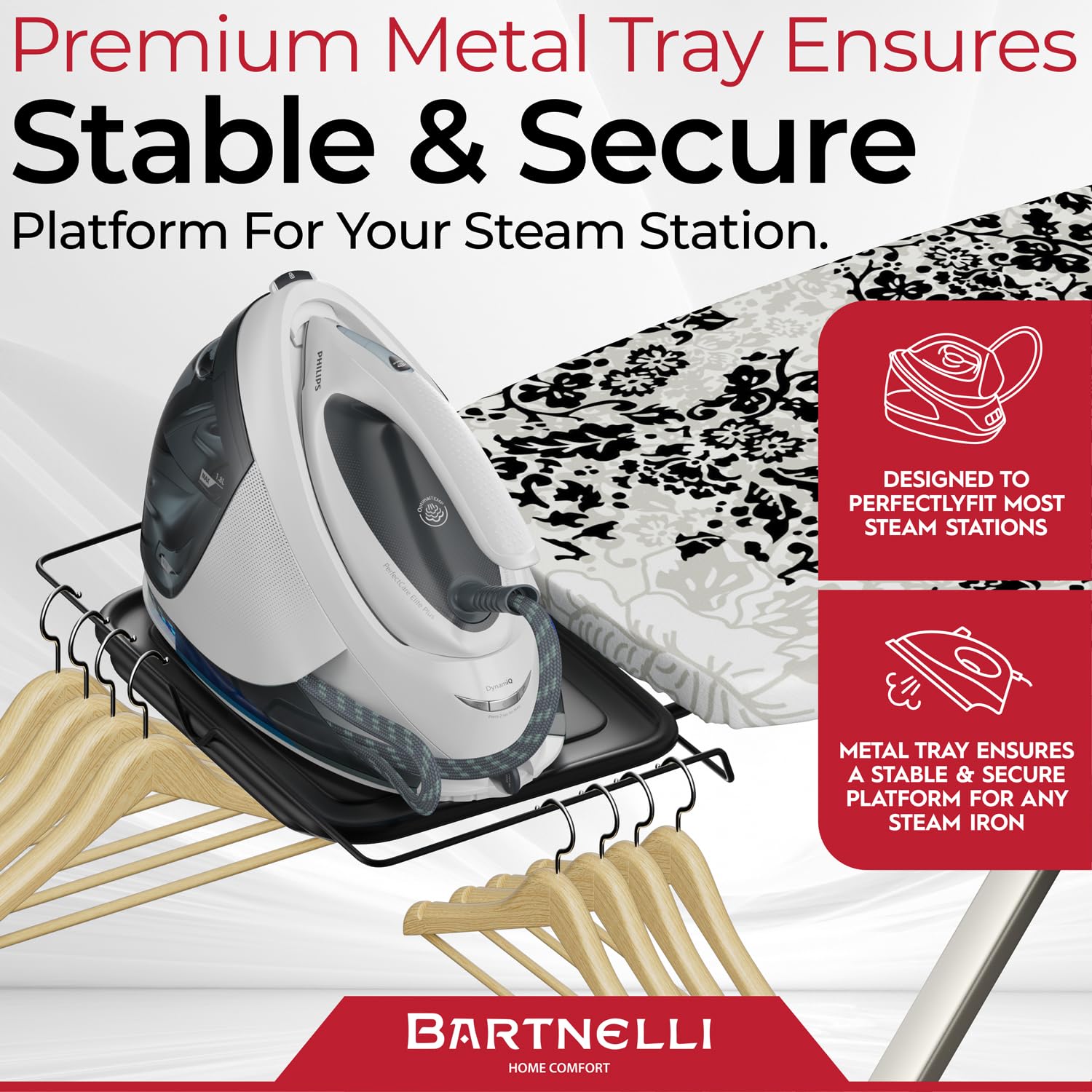 Bartnelli Pro Luxury Ironing Board - Extra Wide 51X19    Steam Iron Rest, Adjustable Height, T-Leg Foldable, European Made