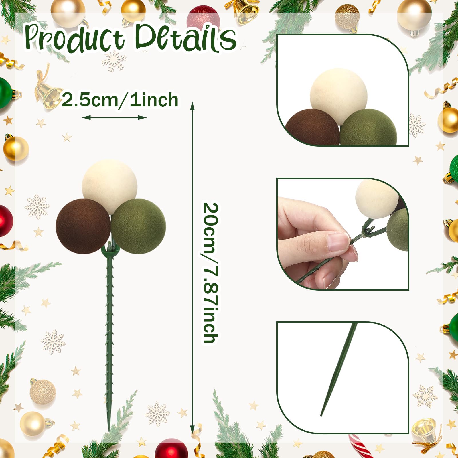 Syhood 12 Set 7.9 Inch Christmas Ball Ornaments on Wired Picks Shatterproof Xmas Brown Dark Green Beige Ball Picks for Christmas