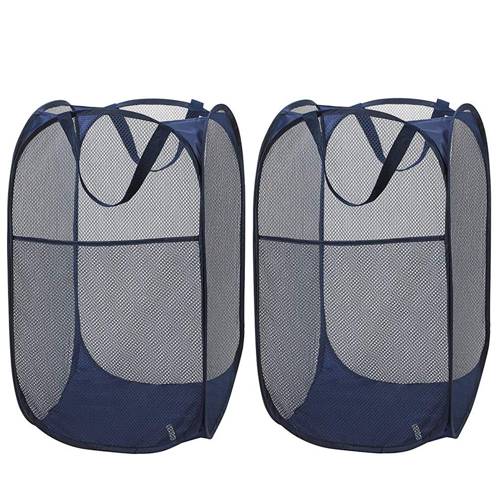 Larpur Popup Mesh Laundry Basket, Collapsible And Portable Clothes Washing Laundry Hamper With Reinforced Carry Handle (Blue*2)