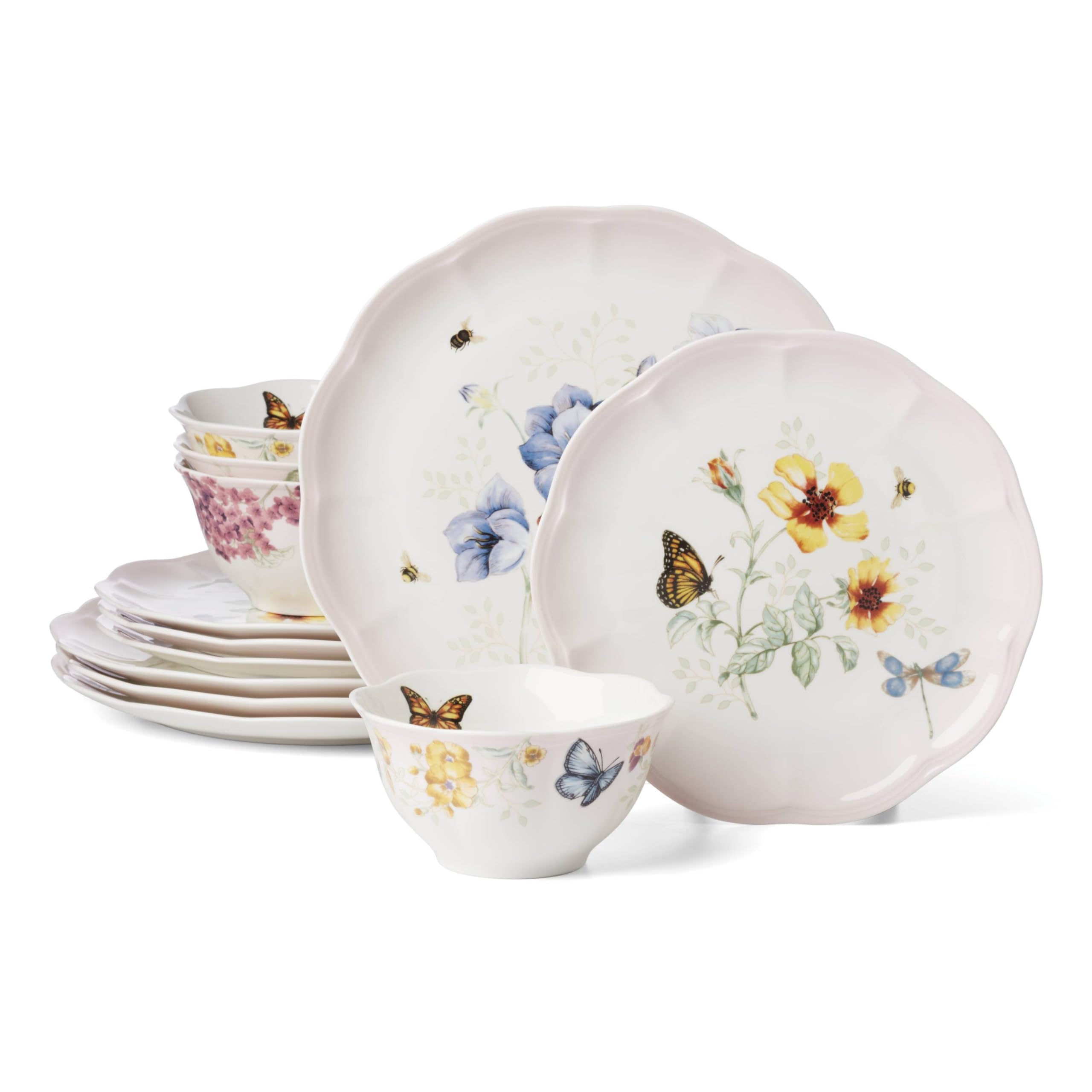 Lenox Dinnerware Set, Butterfly Meadow Pink 12-Piece Set, Service For 4, Porcelain Bowls, Plates And Bowls Set, Microwave Safe, 