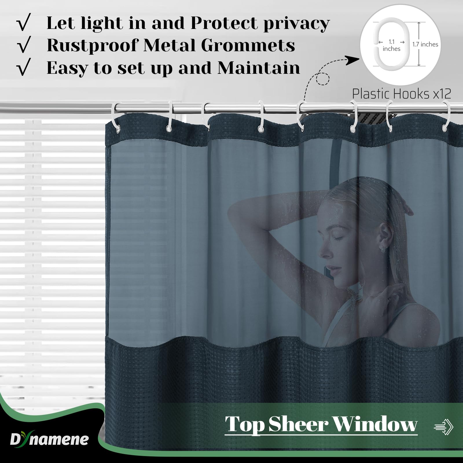 Dynamene Fabric Shower Curtain With Snap In Liner, Navy Blue Waffle Hotel Shower Curtains For Bathroom, Washable Waterproof Clot