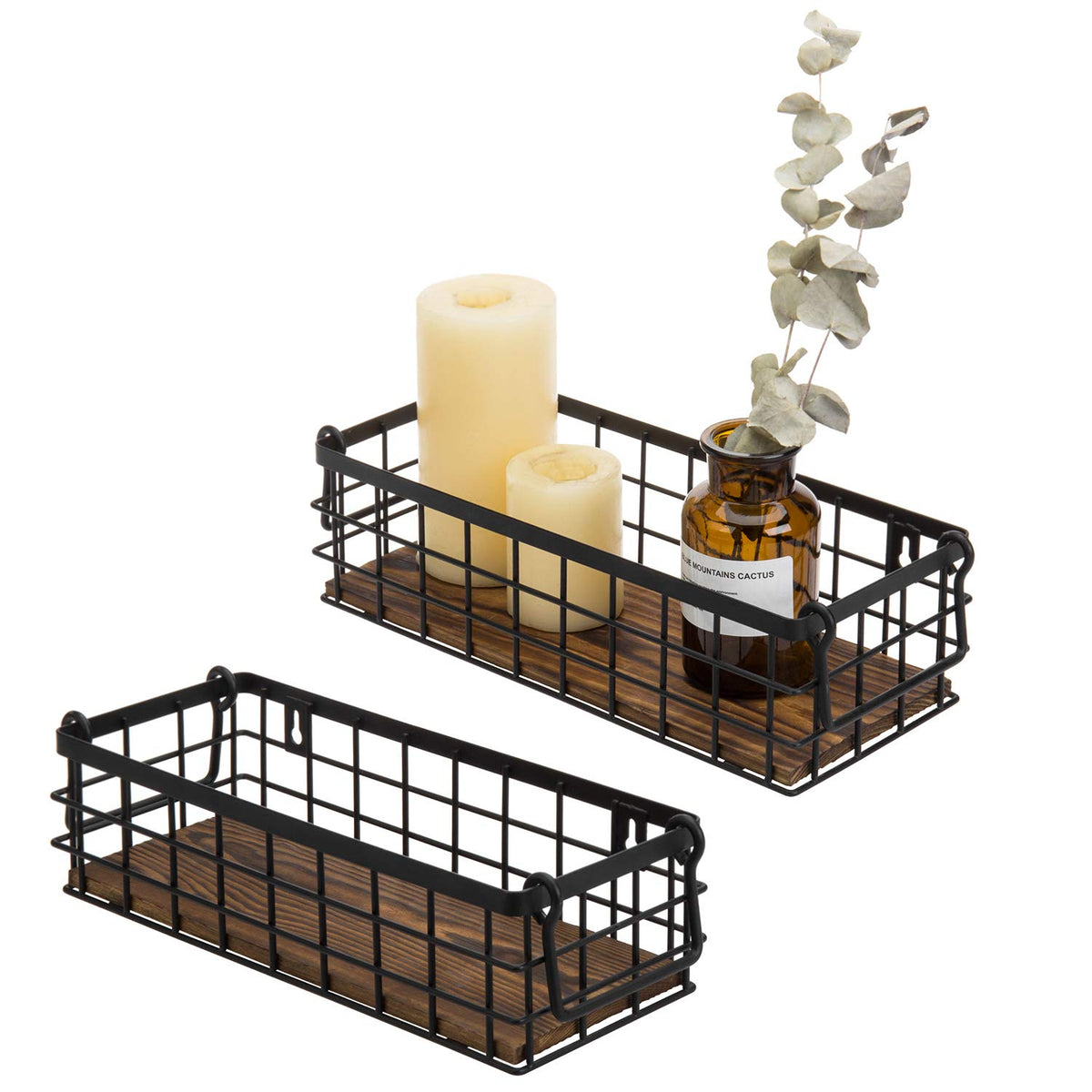 Mygift Wall Mounted Or Tabletop Rustic Black Metal Wire And Burnt Wood Small Decorative Storage Baskets With Handles, Set Of 2