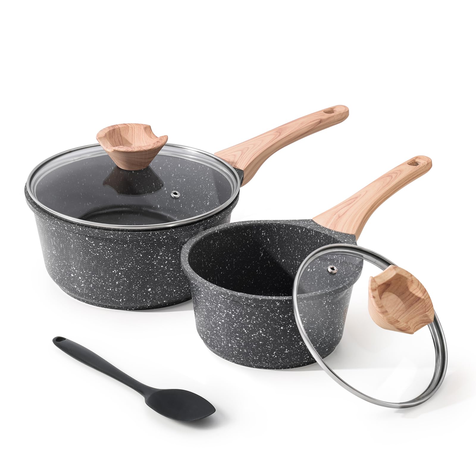 Kordisen Sauce Pan Set with Lid, 1.5QT & 2.5QT Non Stick Small Pots with Granite Coating, Saucepan with Pour Spout, Multipurpose
