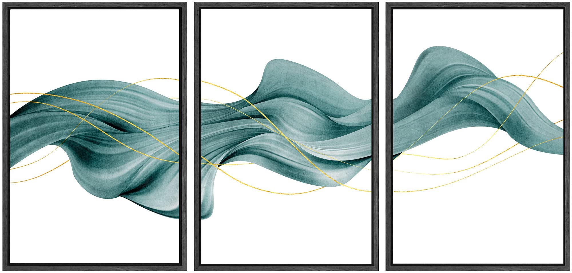 Signwin Framed Canvas Print Wall Art Set Futuristic Teal Geometric Smoke Wave Abstract Shapes Illustrations Modern Art Decorativ