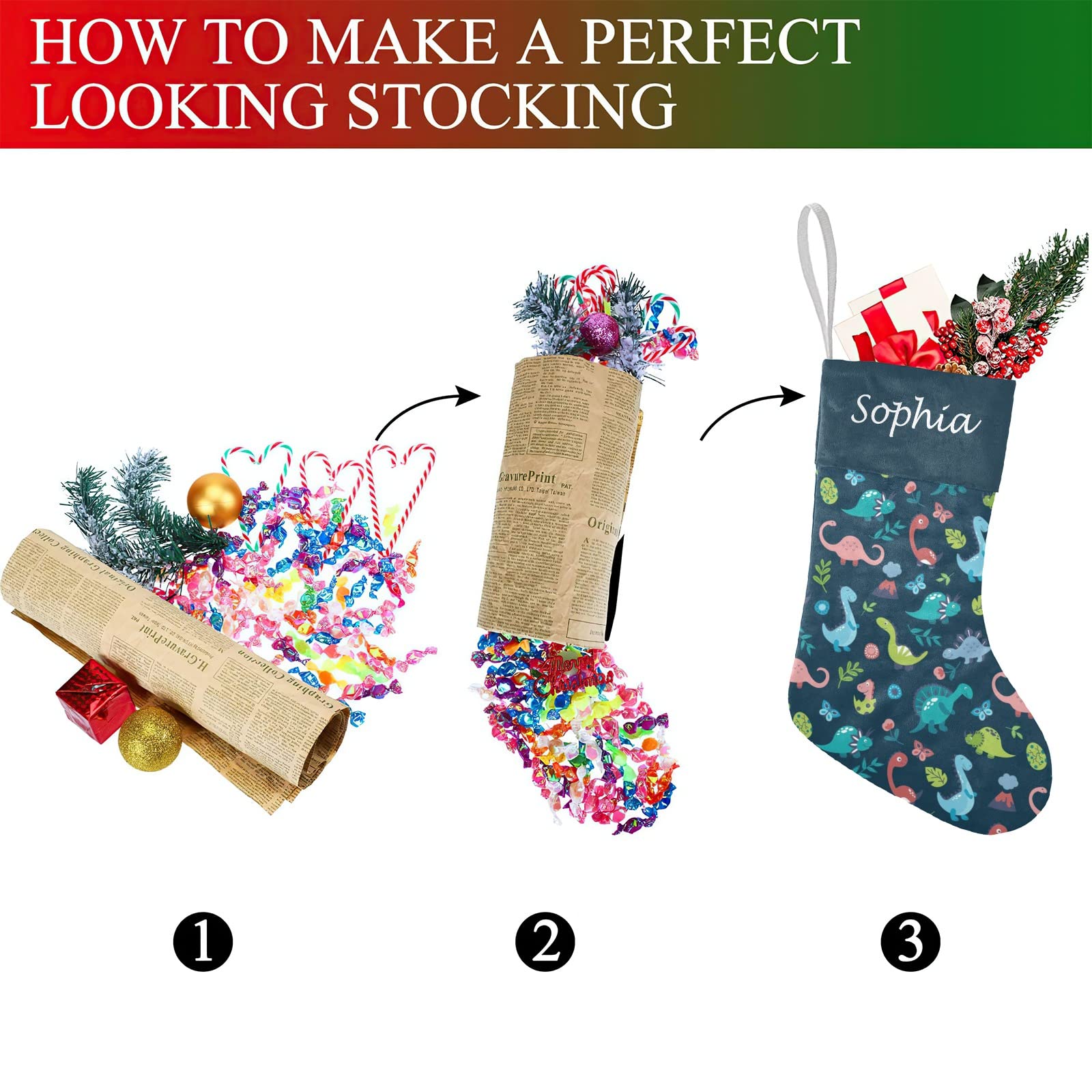 SunFancyCustom Custom Cute Dinosaur Pattern Christmas Stocking Personalized with Name Xmas Family Holiday Birthday Gift Decor 17