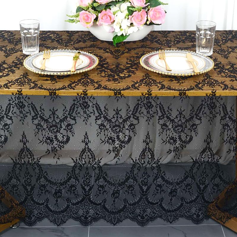 Vintage-Lace-Tablecloth 60X120-Inch 1 Pack Black Lace Rectangle Tablecloth Lace Boho Print Tablecloth Lace Overlay Tablecloth La