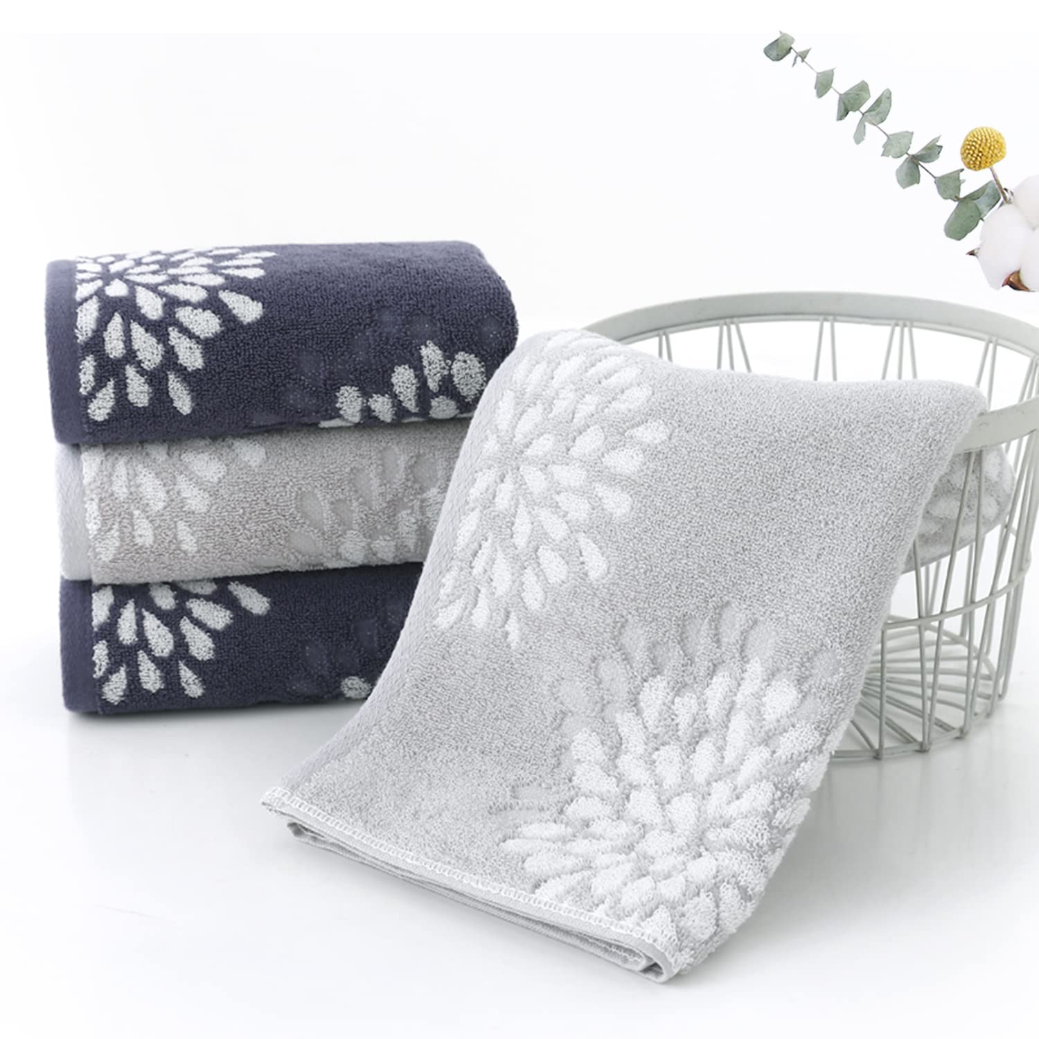Pidada Hand Towels Set of 4 Hydrangea Floral Pattern 100% Cotton Absorbent Soft Decorative Towel for Bathroom (Light Grey)