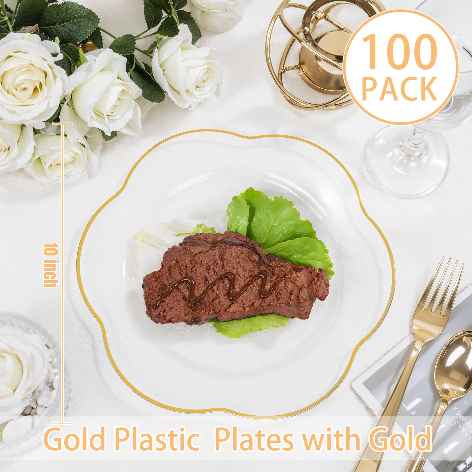 Liacere 100PCS Clear Plastic Plates - Clear and Gold Disposable Dinner Plates - 10inch Heavy Duty Gold Dinner Plates, Perfect fo