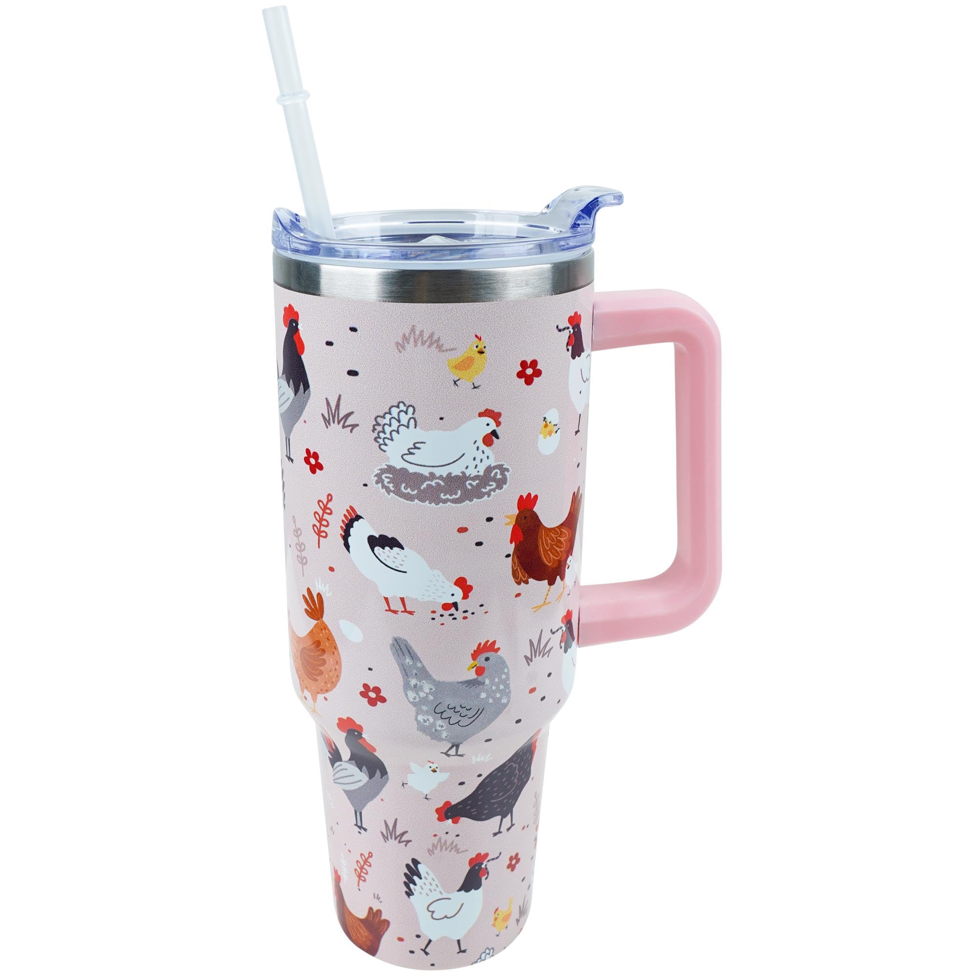 PERRIFIC 40 oz Tumbler with Handle and Straw Lid Leak Proof, Chicken and Rooster Design Coffee Travel Mug with Handle Insulated 