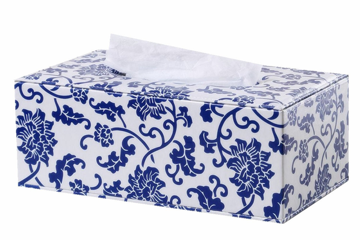 S Forever Home Decor Flower Pattern Faux Leather Tissue Box Cover (Rectangular,Blue And White Porcelain)