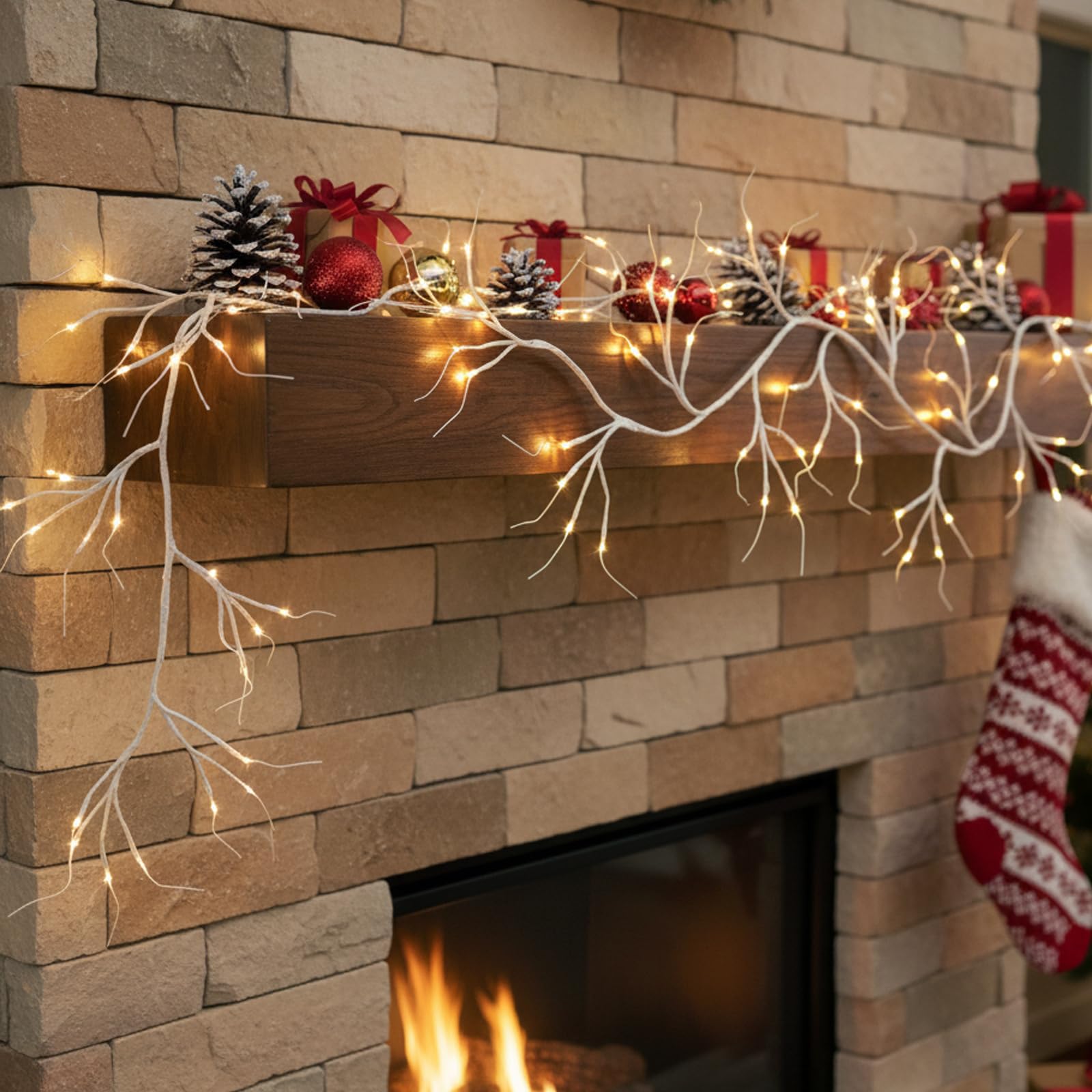 Vanthylit Lighted Christmas Garland, 6 FT White Birch Garlands with 48 LED Warm White Lights, Waterproof Outdoor White Twig Bran