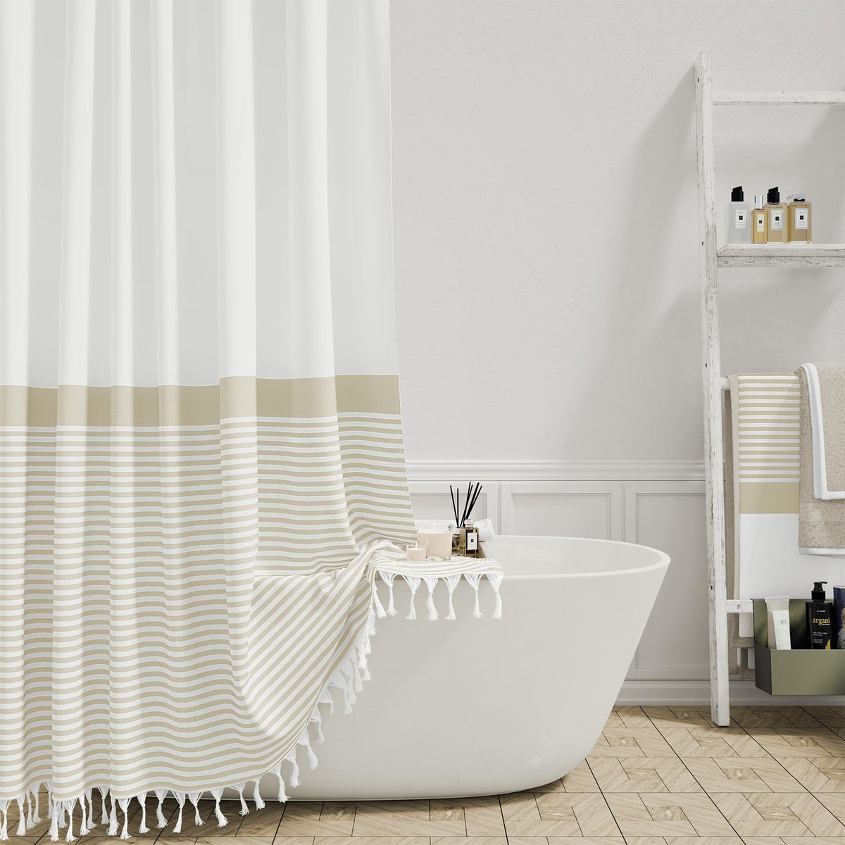 Dynamene Extra Long Shower Curtains, 84 Inches Long Farmhouse Boho Striped Fabric Tassel Shower Curtains For Bathroom, Tall Bohe