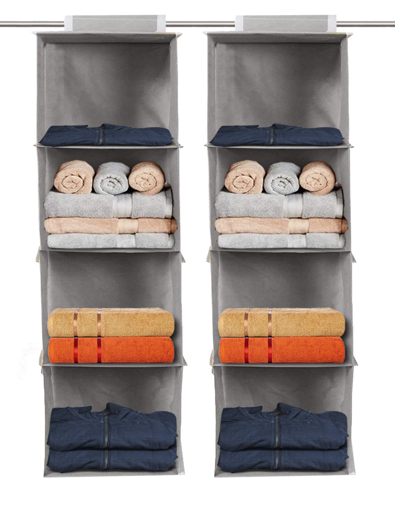 Kuber Industries 4 Shelf Closet Hanging Organizer, 4 Tier Closet Wardrobe Organizer (Grey)-Pack Of 2-Kulug15321