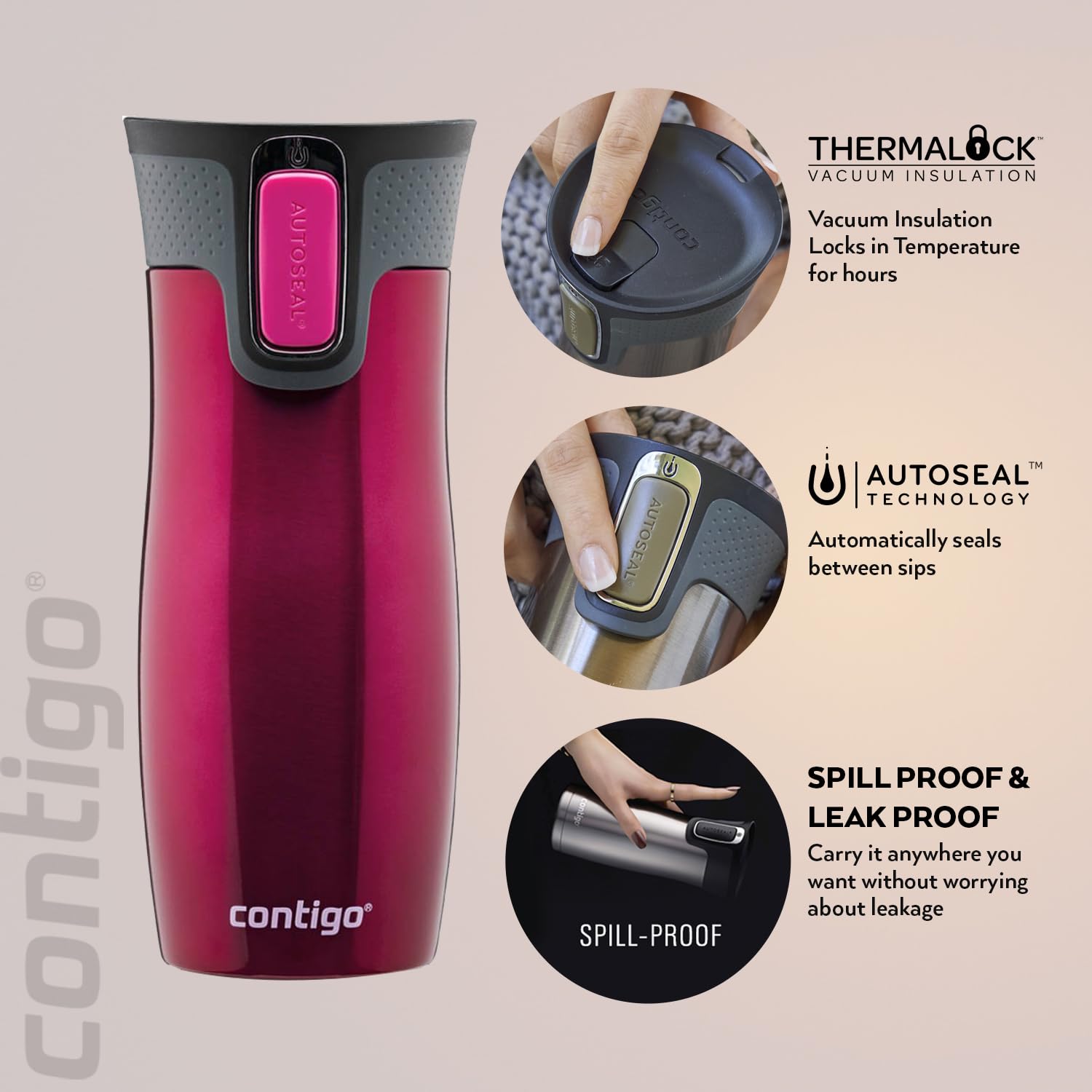 contigo West Loop Autoseal Travel Mug  Stainless Steel Thermal Mug  Vacuum Flask  Leakproof Tumbler  coffee Mug with BPA Free Easy-clean Lid  470 ml  Raspberry