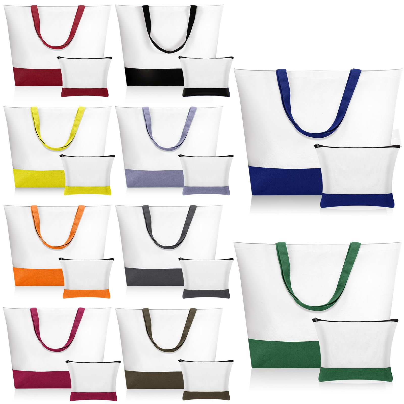Sanwuta 20 Pcs Large Blank Canvas Tote Bags and Makeup Bags Blank Reusable Grocery Luggage Canvas Tote with Handles (Dark Colors