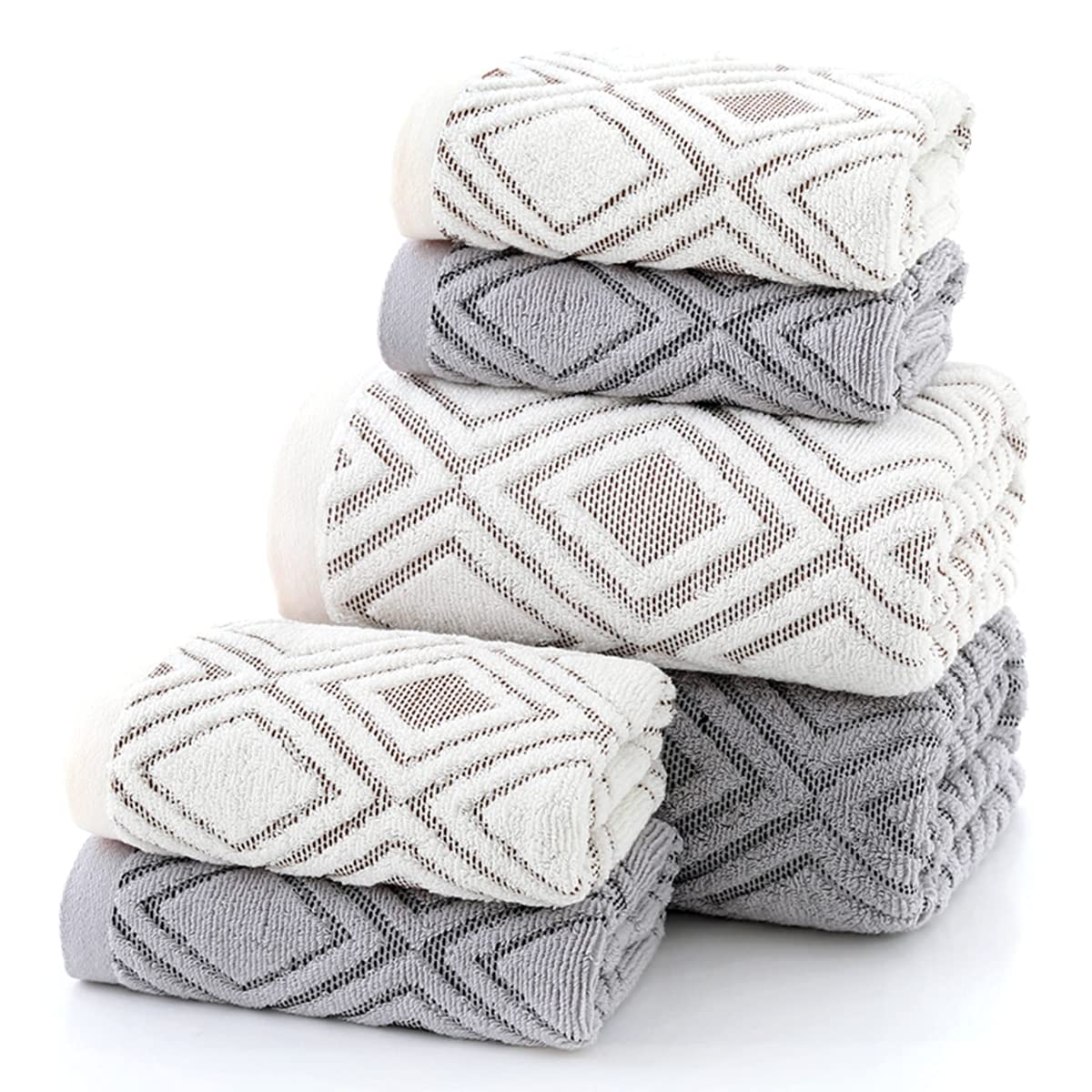 Pidada Bath Hand Towel Set Of 3 Diamond Pattern 100% Cotton Absorbent Soft Decorative Towels For Bathroom (Beige Brown)