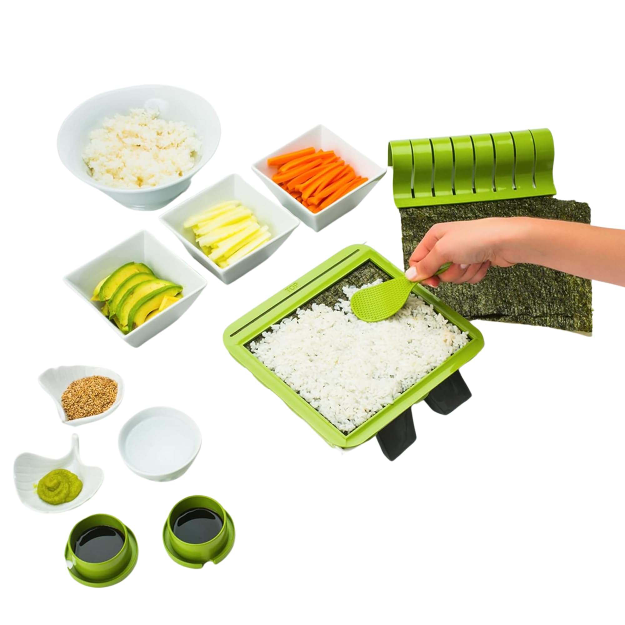 Sushiquik Plus Sushi Making Kit With Rice Frame, Rice Paddle, Rolling Mat, Roll Cutter, Base, Soy Sauce Caps, Onigiri Molds, And