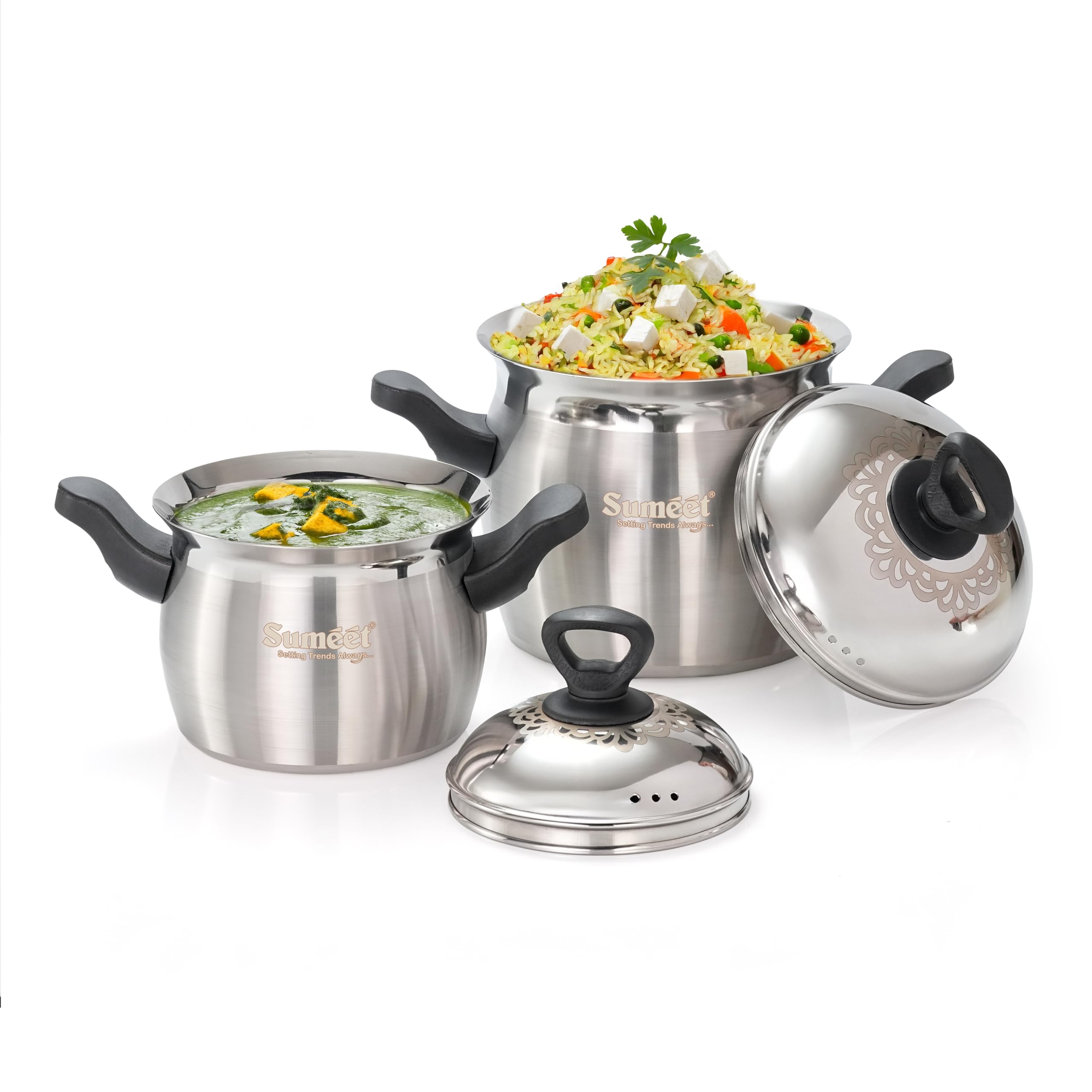 Sumeet ISI Certified Stainless Steel Cook & Serve Pineapple Shape Handi Cooking Pot with Steel Lid |Induction and Gas Compatible | Set of 2Pc - Capacity - 2000 & 4000ml -Dia - 17 & 20cm  Silver