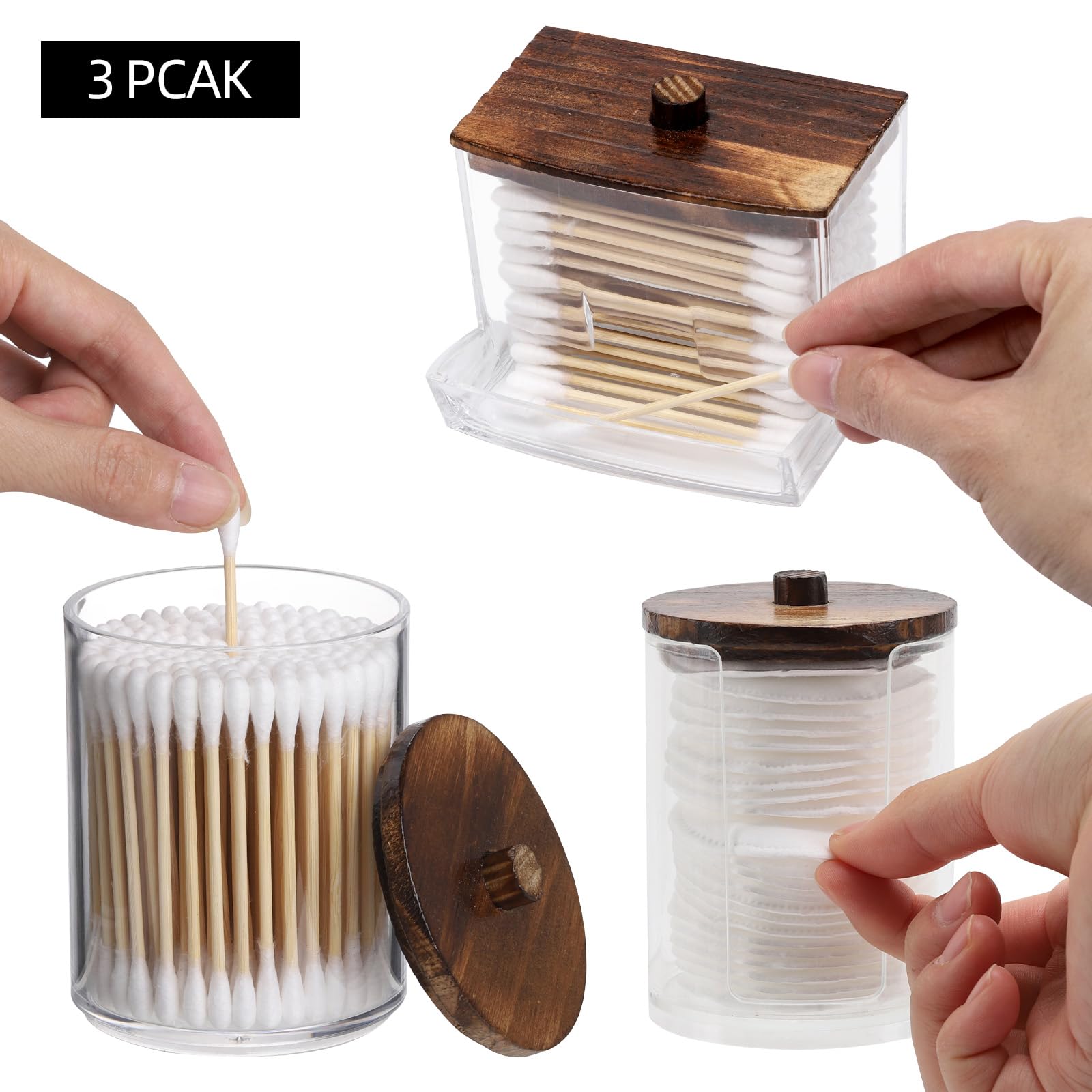 Tbestmax 4 Pack Qtip Holder Dispenser, 10/7Oz Bathroom Container For Cotton Ball Cotton Swabs Pads, Apothecary Jar With Wood Lid