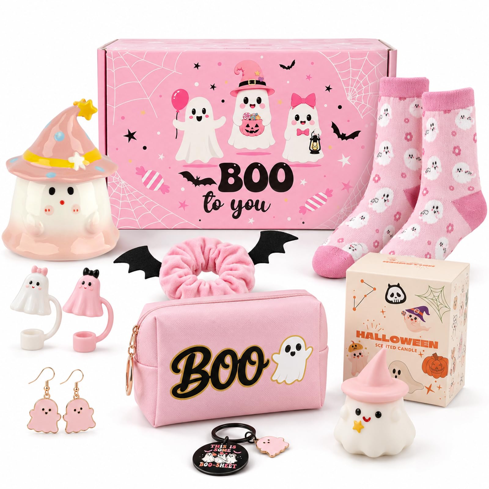 Fayoo Pink Halloween Boo Basket Women Stuffers Set with 14oz Ghost Cups