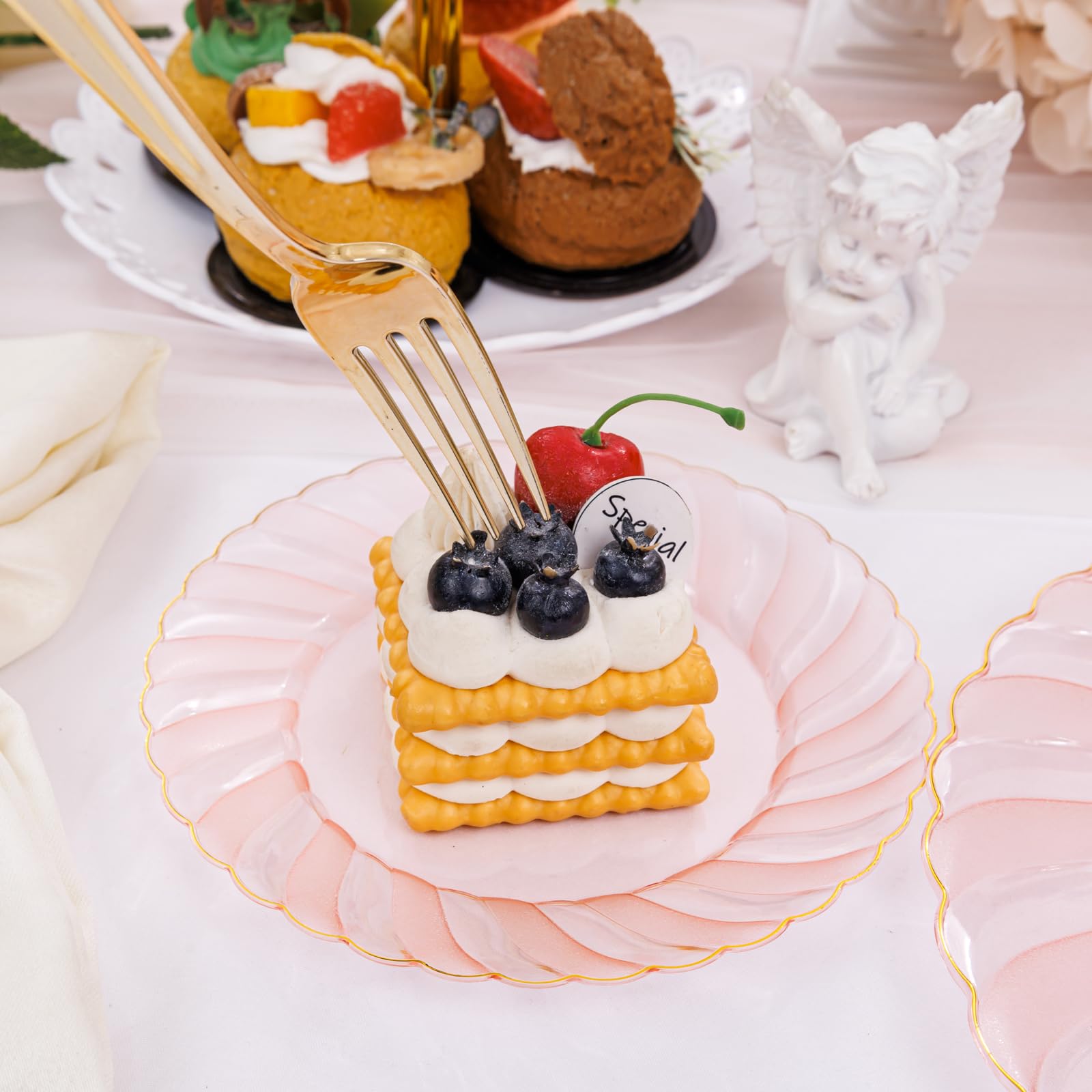 Youbet 125Pieces Clear Pink Plastic Plates With Gold Rim-Gold Plastic Silverware Include 25 Dinner Plates 25 Dessert Plates 75 G