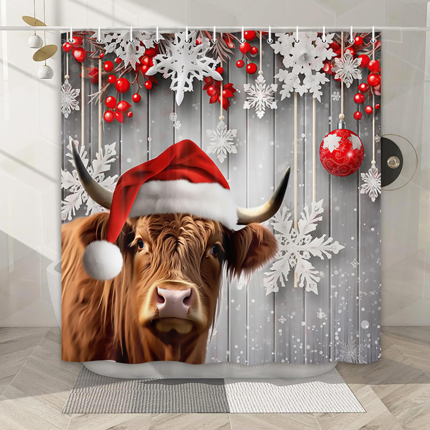 Highland Cow Christmas Shower Curtain, Funny Animals On Rustic Wooden Board Winter Farmhouse Snow Bathroom Bathtubs Decor, Polye