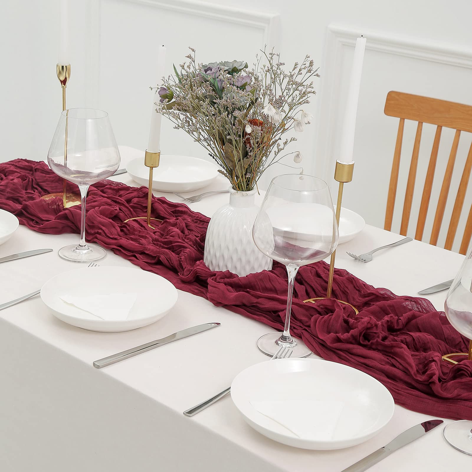 Dolopl Valentines Day Cheesecloth Table Runner Burgundy 13.3Ft Boho Gauze Cheese Cloth Table Runner Rustic Sheer Runner 160Inch
