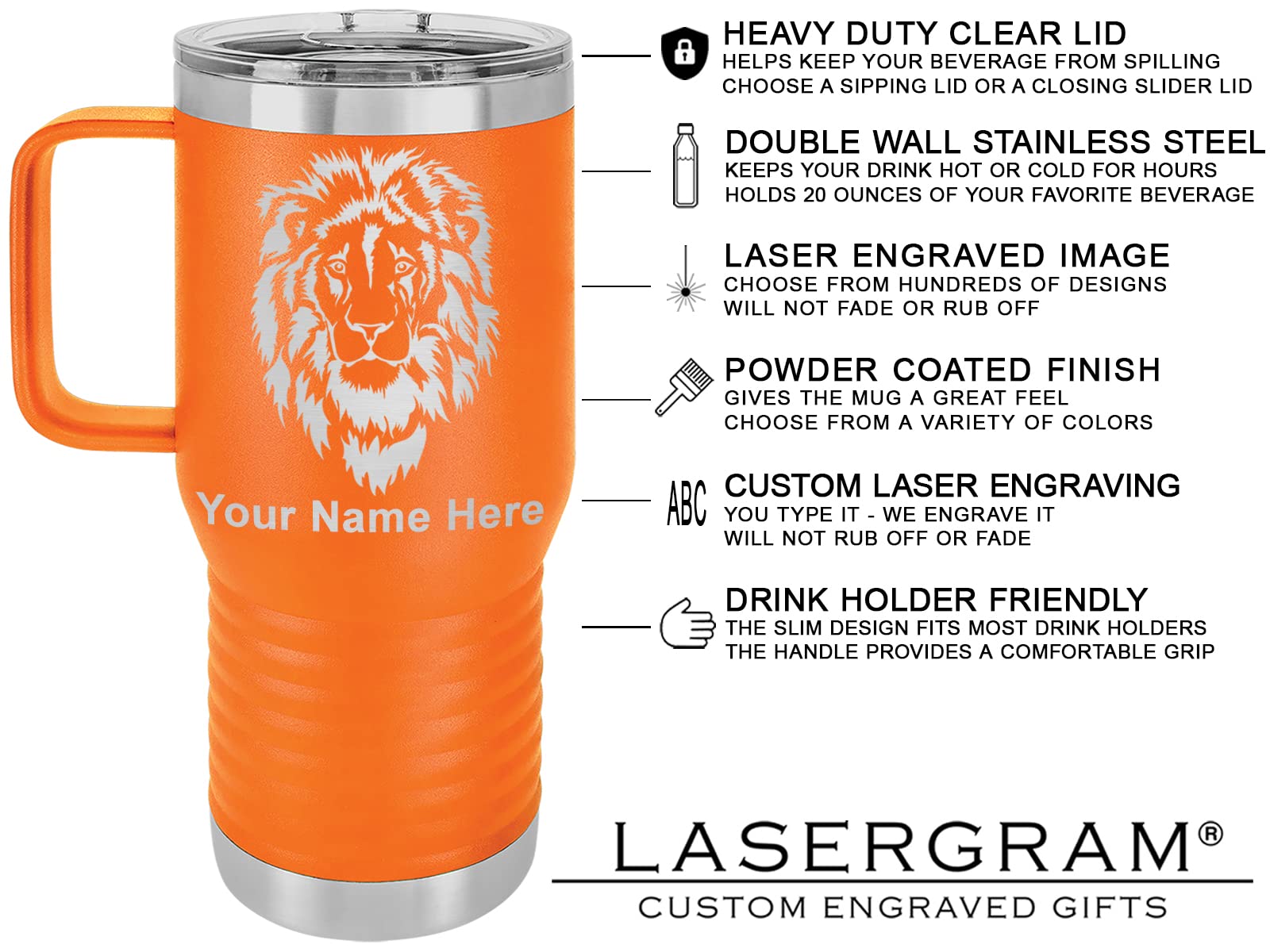 Lasergram 20Oz Vacuum Insulated Travel Mug With Handle, Flag Of Puerto Rico, Personalized Engraving Included (Orange)