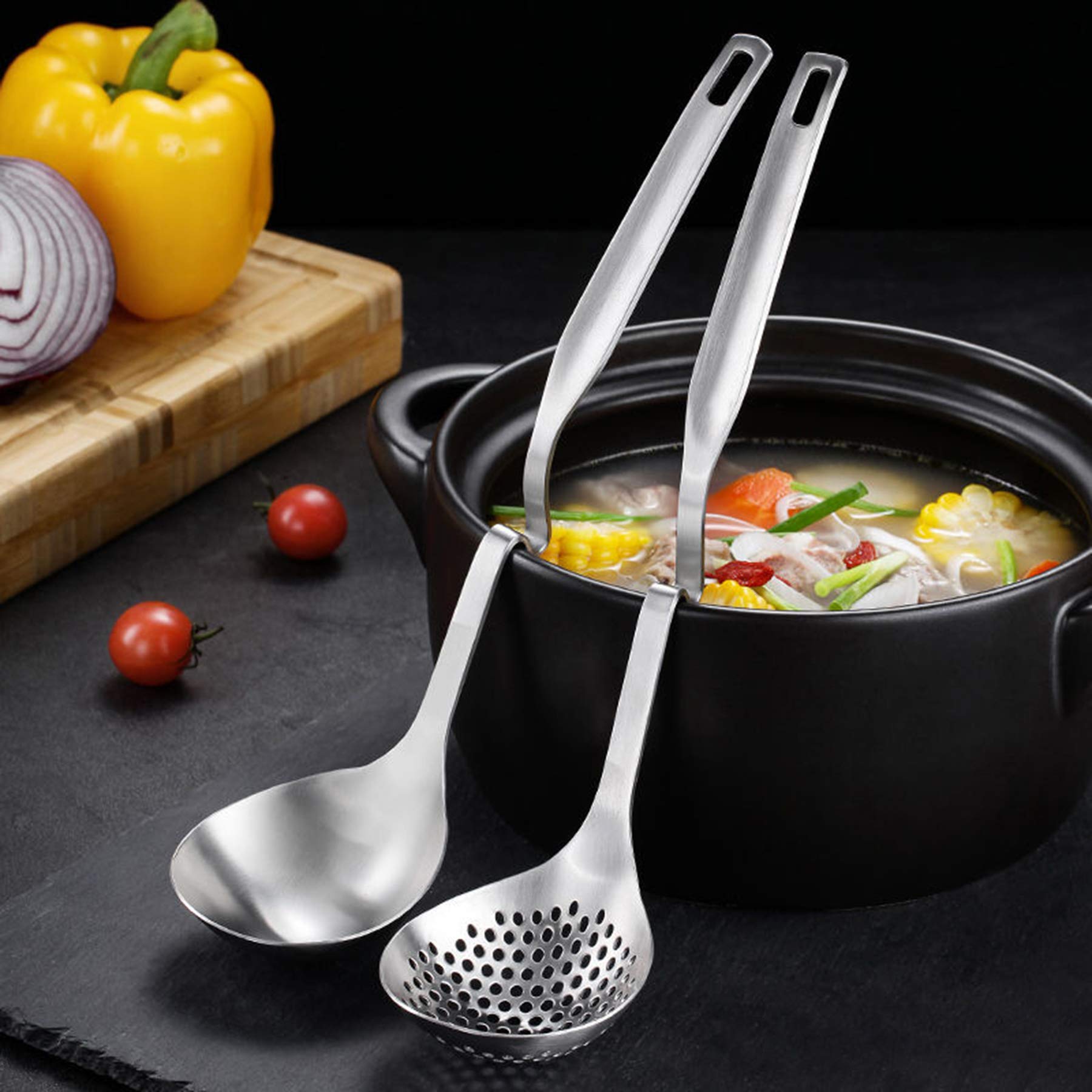 Bulckrew Hot Pot Soup Ladle Spoon Slotted Spoons For Cooking, 304 Stainless Steel Ladle/Skimmer Spoon Ladle Strainer-Set Of 2,12