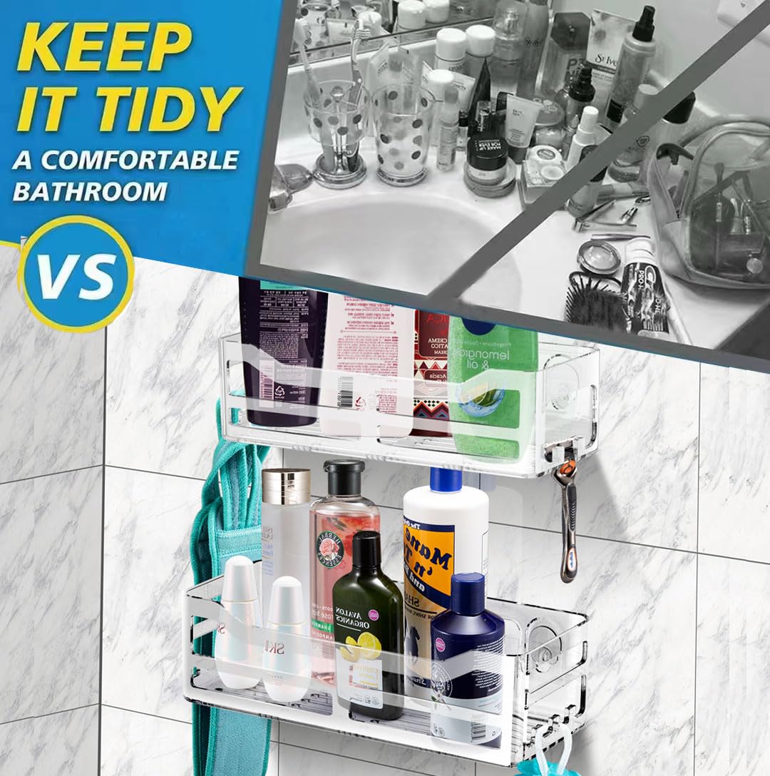 Jiepai Acrylic Shower Caddy Basket Shelf With Hooks,Adhesive Shower Shelves Wall Mounted Bathroom Storage Shampoo Organizer, Kit
