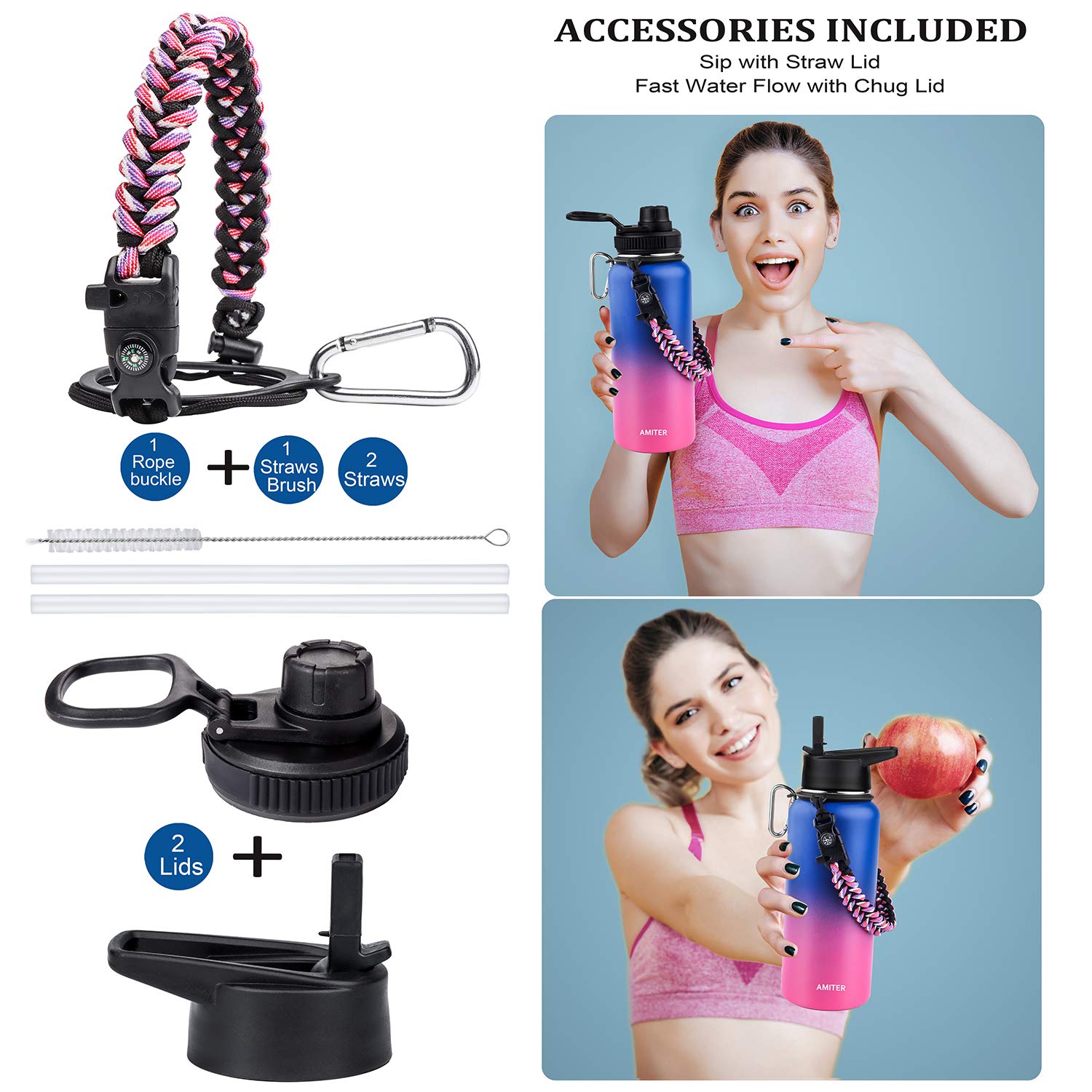 Amiter Water Bottle For Kids With Wide Mouth Straw Lid & Handle Lid (22Oz, 32Oz, 40Oz, 64Oz), Vacuum 18/8 Insulated Stainless St