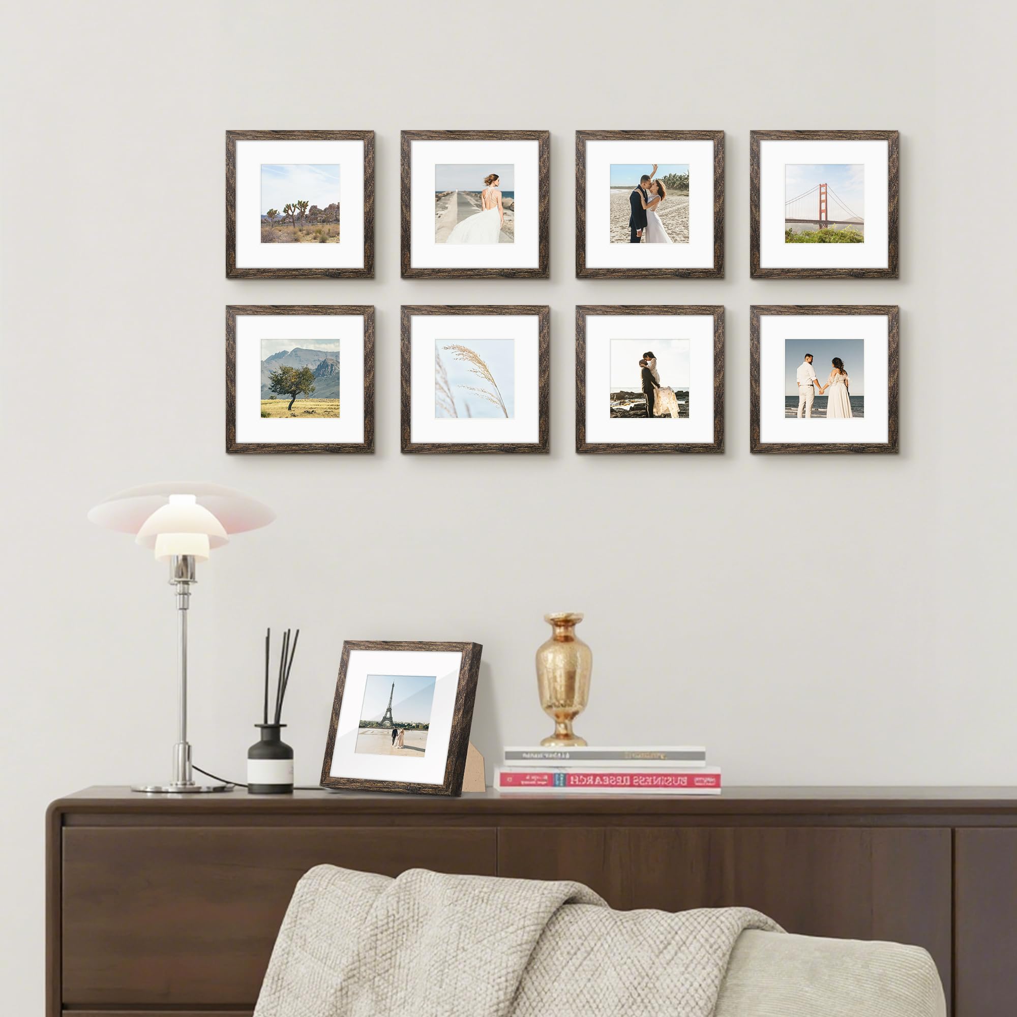 Fisnish 8x8 Picture Frame Sef of 10, Display Pictures 5x5 with Mat or 8 x 8 Without Mat, Brown Photo Frame Collage for Wall Gall